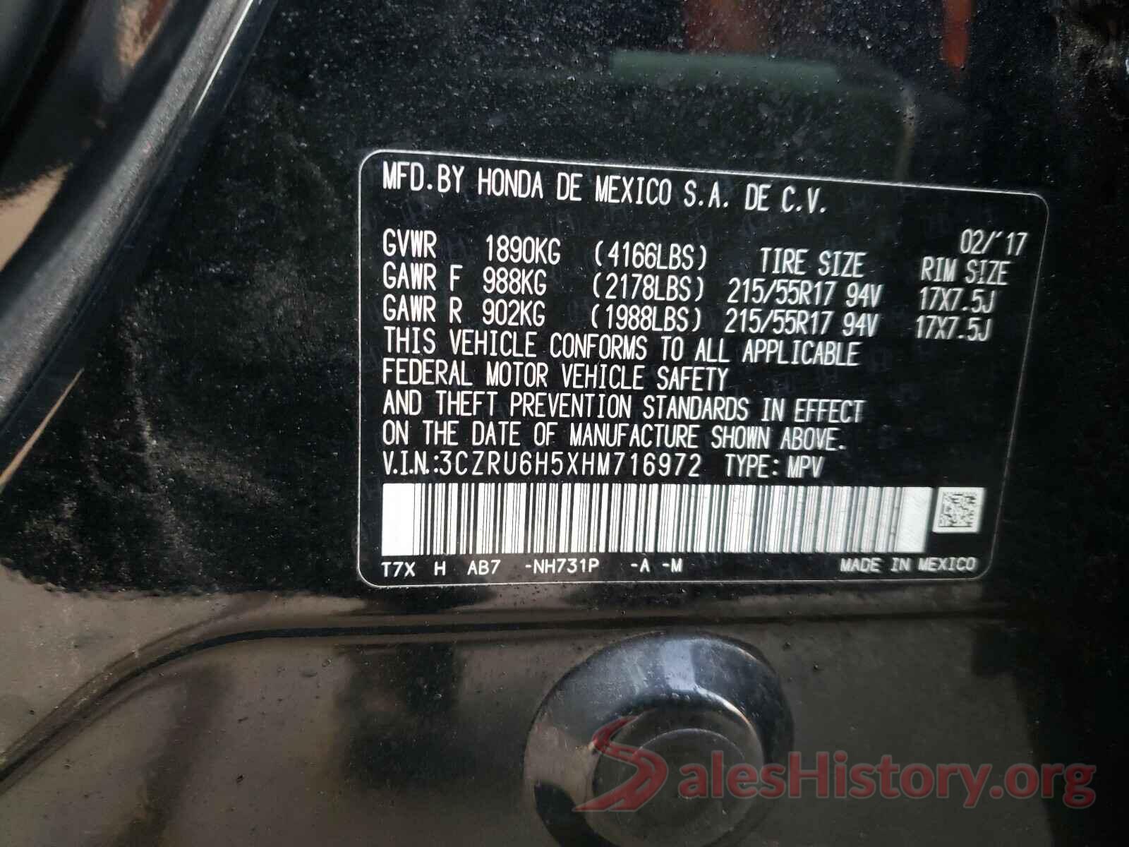 3CZRU6H5XHM716972 2017 HONDA HR-V