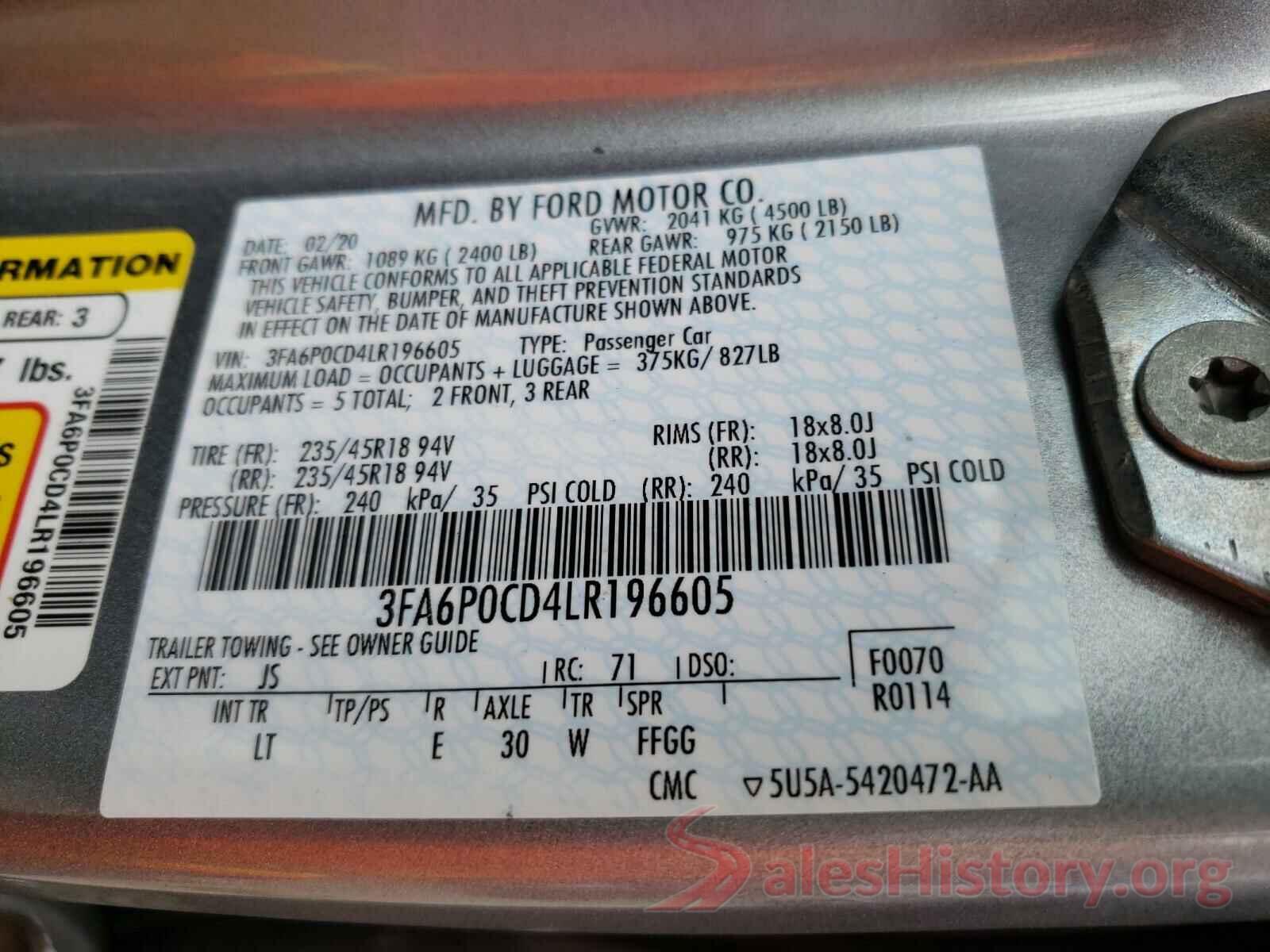 3FA6P0CD4LR196605 2020 FORD FUSION