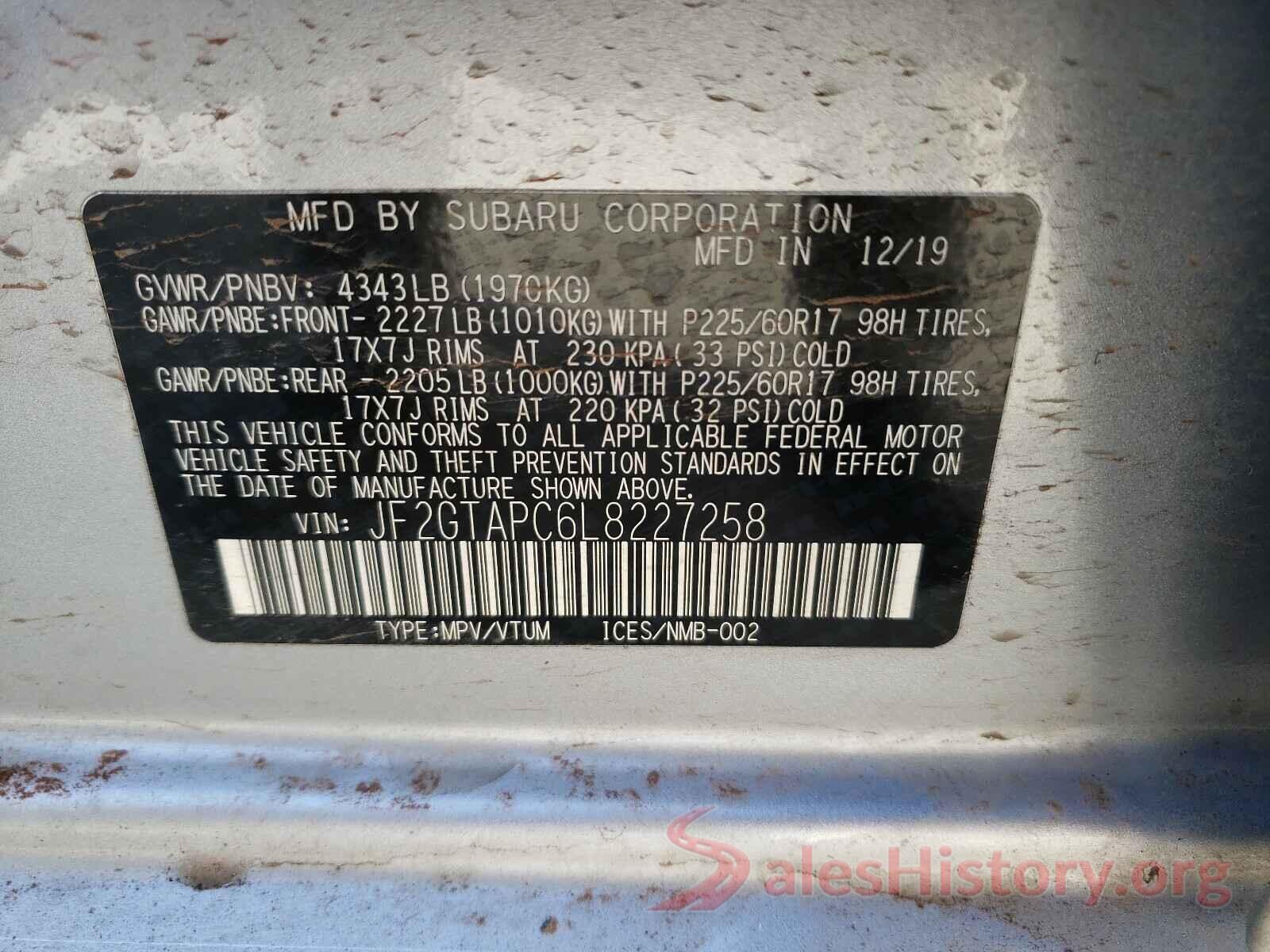 JF2GTAPC6L8227258 2020 SUBARU CROSSTREK