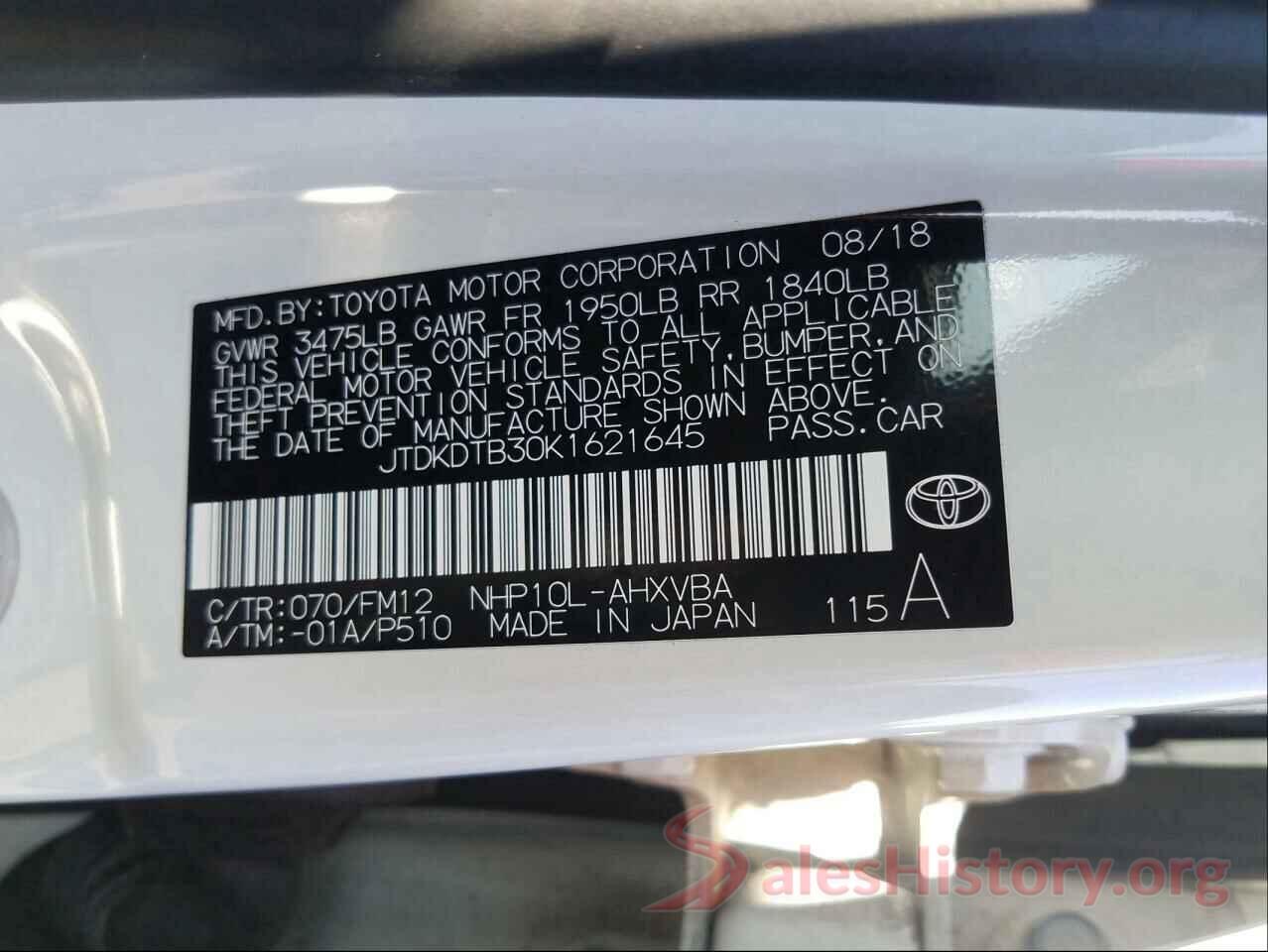 JTDKDTB30K1621645 2019 TOYOTA PRIUS