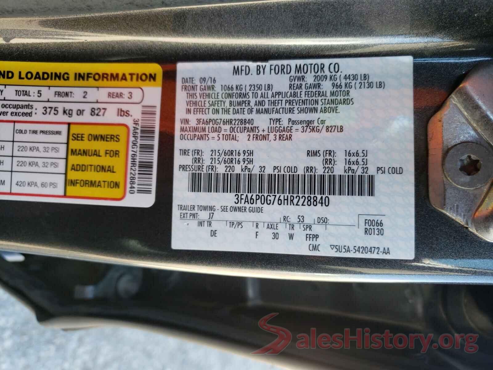 3FA6P0G76HR228840 2017 FORD FUSION