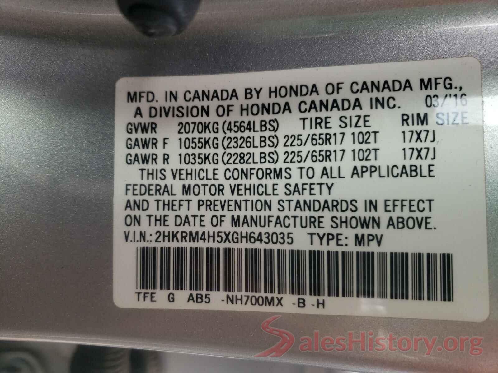 2HKRM4H5XGH643035 2016 HONDA CRV