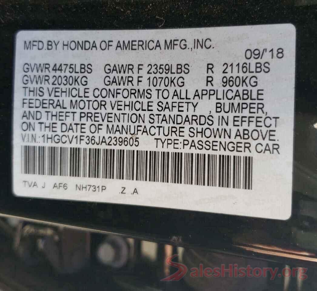 1HGCV1F36JA239605 2018 HONDA ACCORD