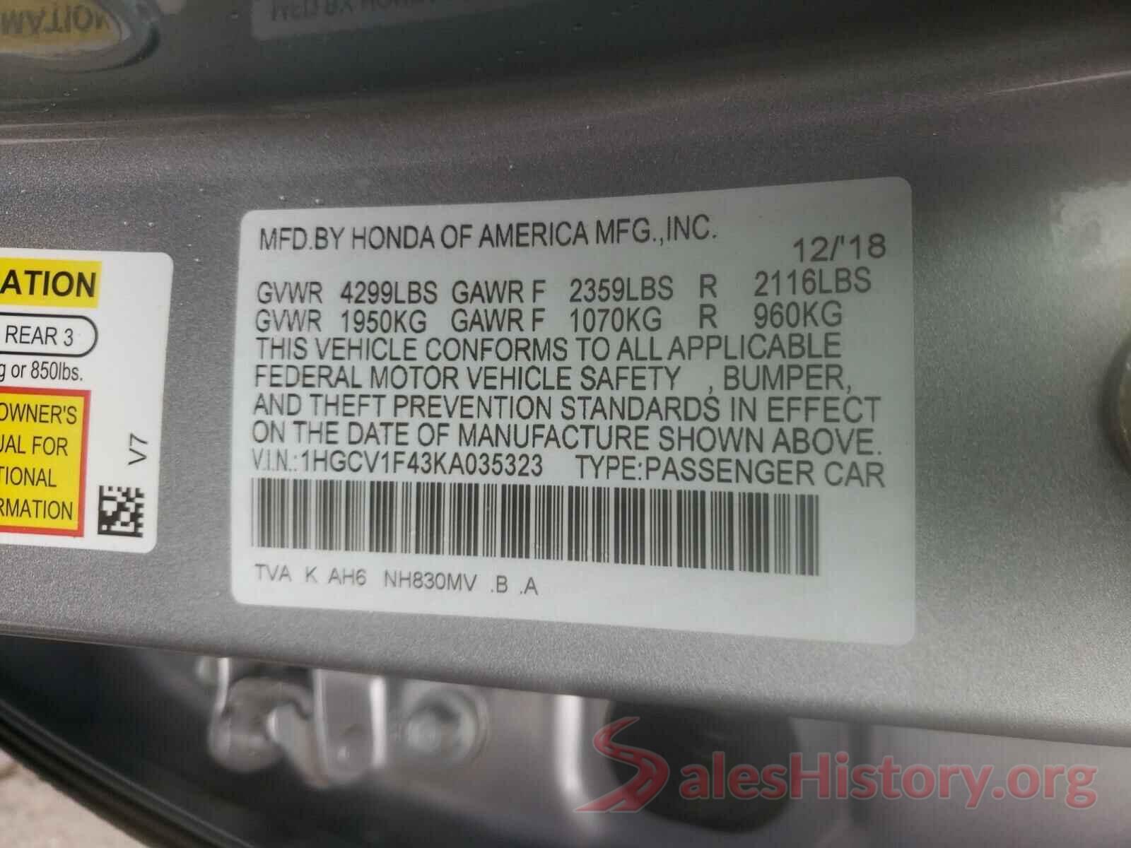 1HGCV1F43KA035323 2019 HONDA ACCORD