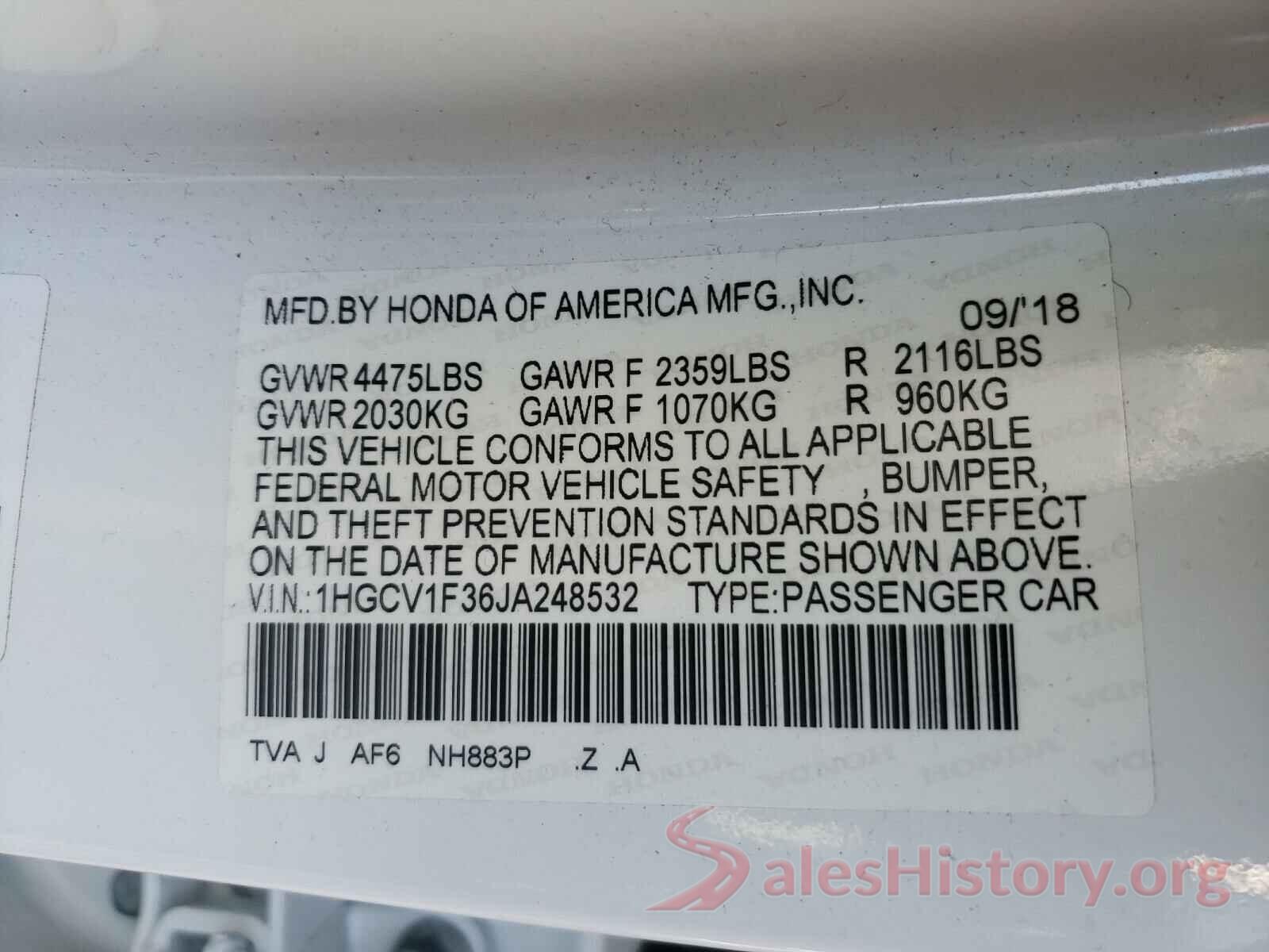 1HGCV1F36JA248532 2018 HONDA ACCORD