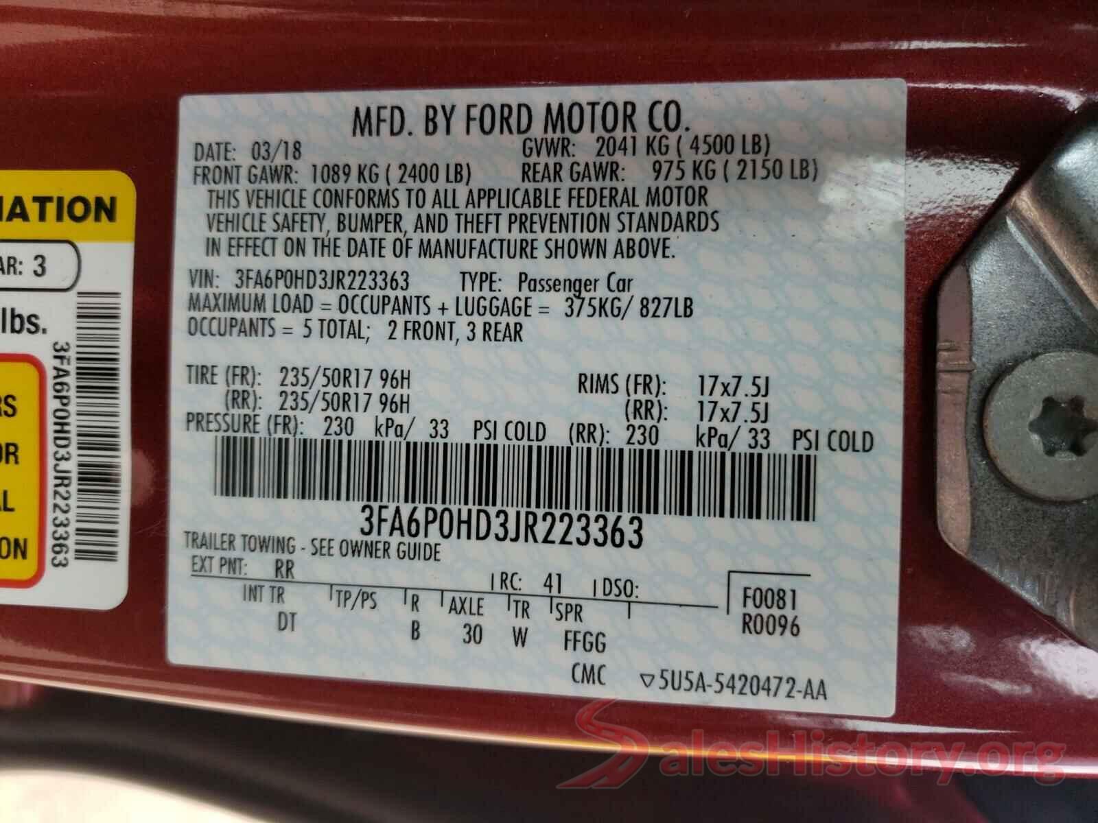 3FA6P0HD3JR223363 2018 FORD FUSION