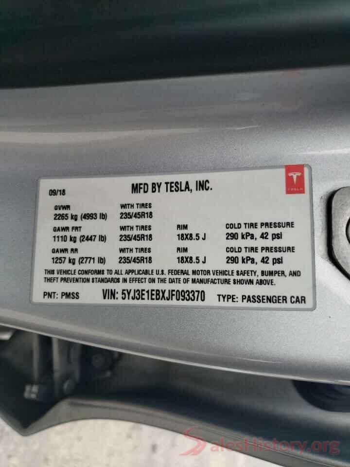 5YJ3E1EBXJF093370 2018 TESLA MODEL 3