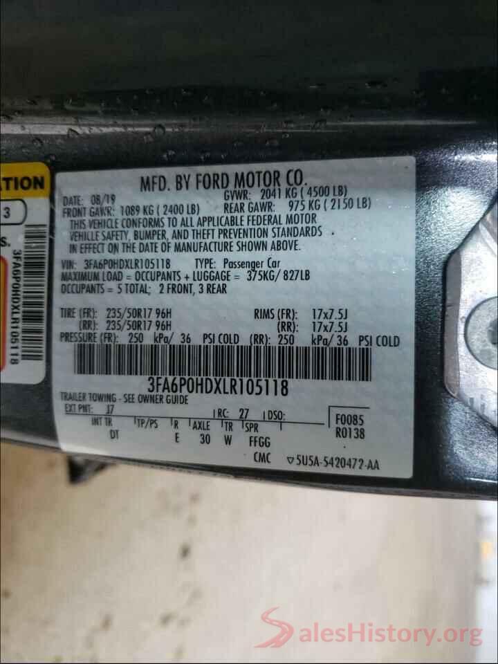 3FA6P0HDXLR105118 2020 FORD FUSION