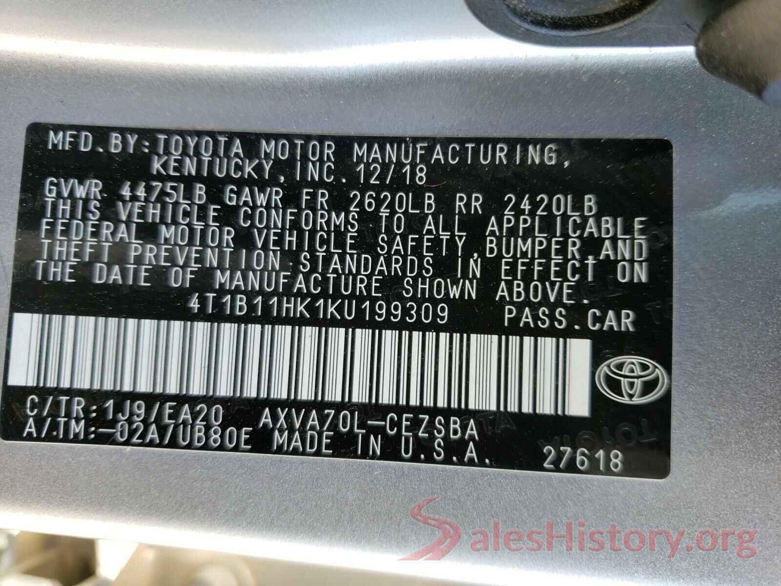 4T1B11HK1KU199309 2019 TOYOTA CAMRY