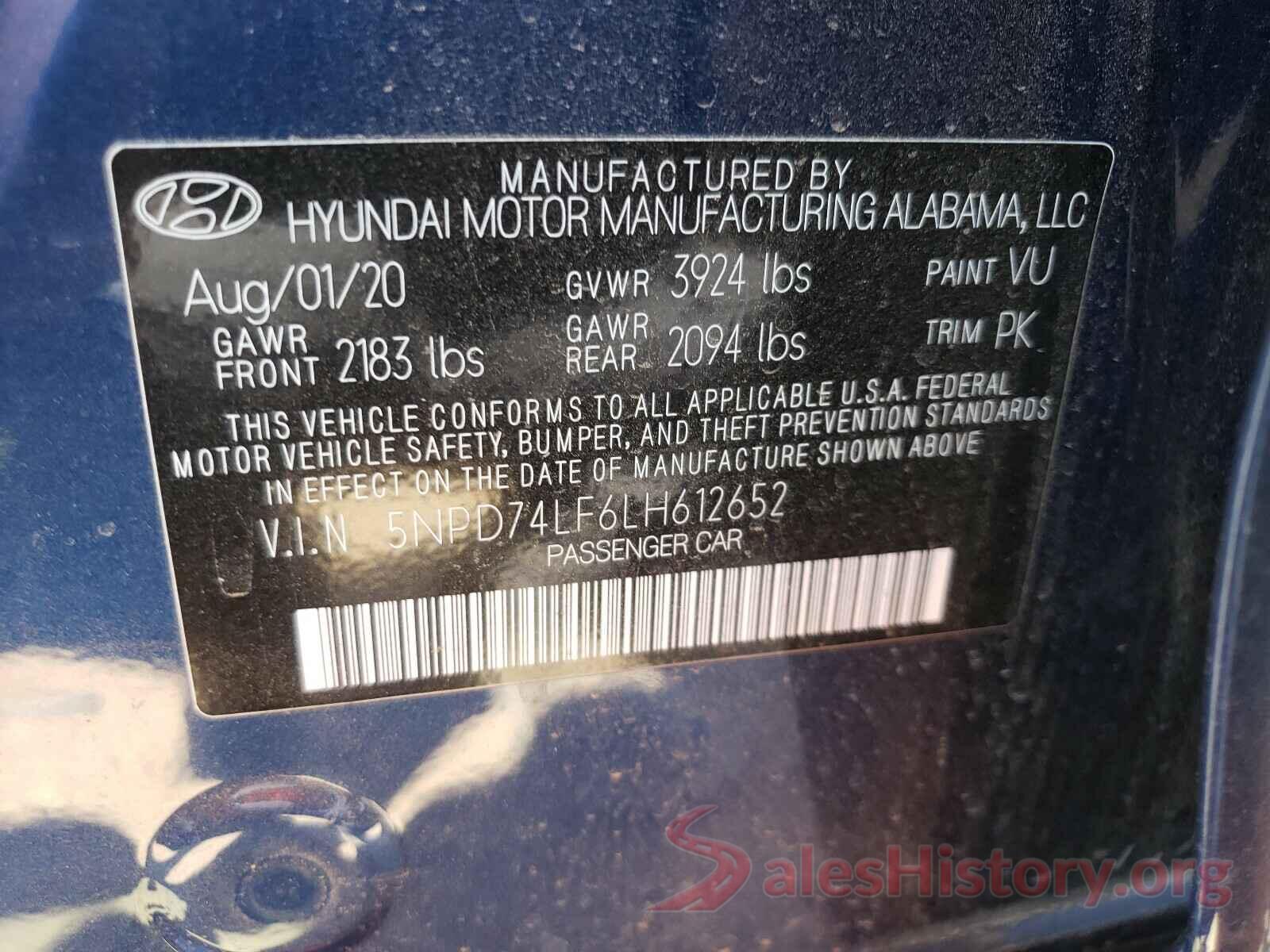 5NPD74LF6LH612652 2020 HYUNDAI ELANTRA