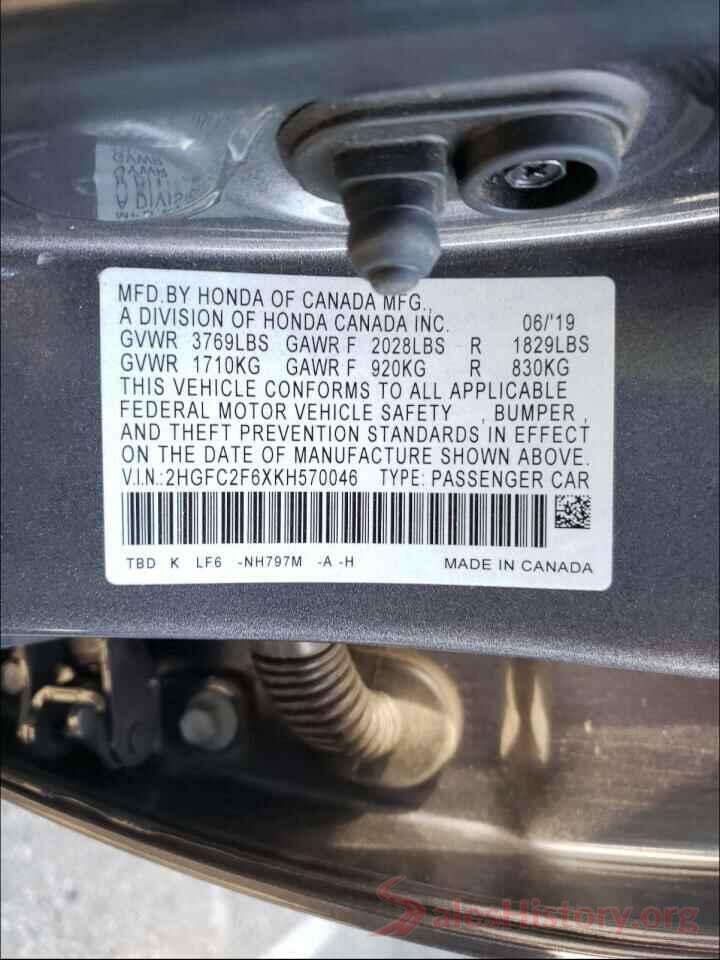 2HGFC2F6XKH570046 2019 HONDA CIVIC