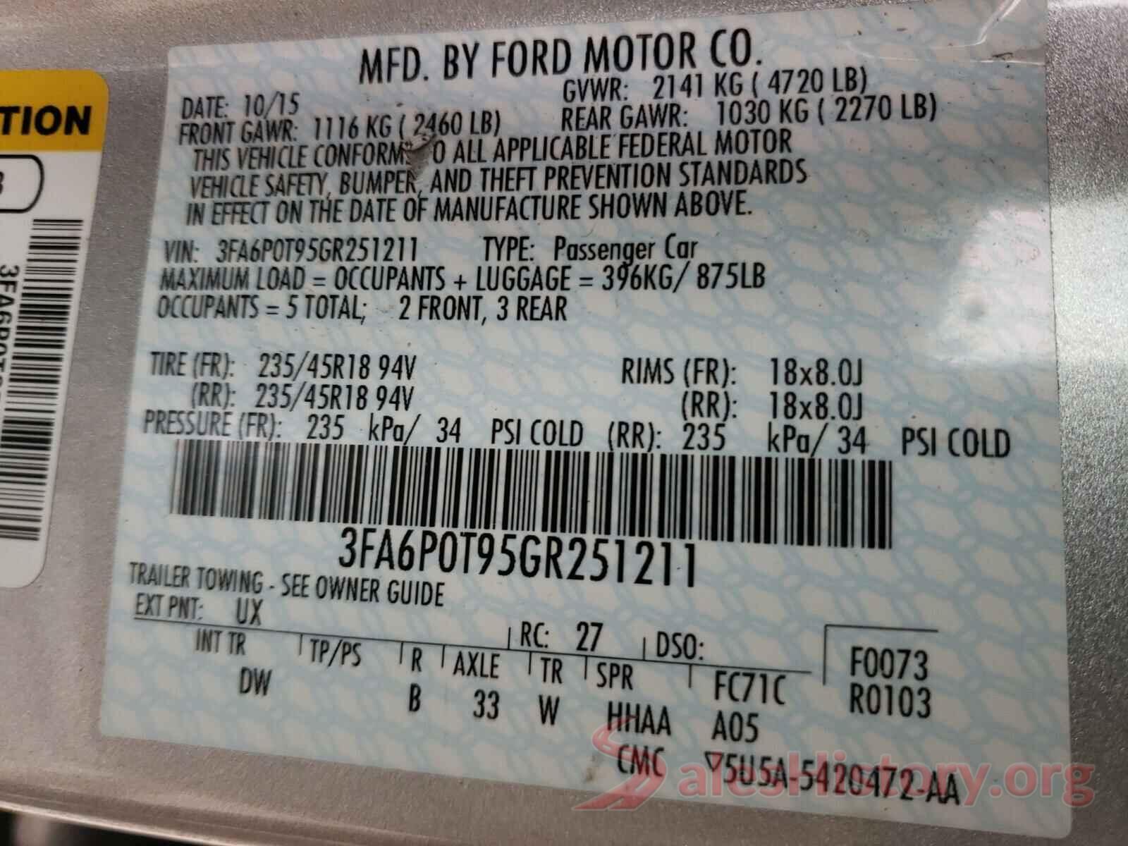 3FA6P0T95GR251211 2016 FORD FUSION