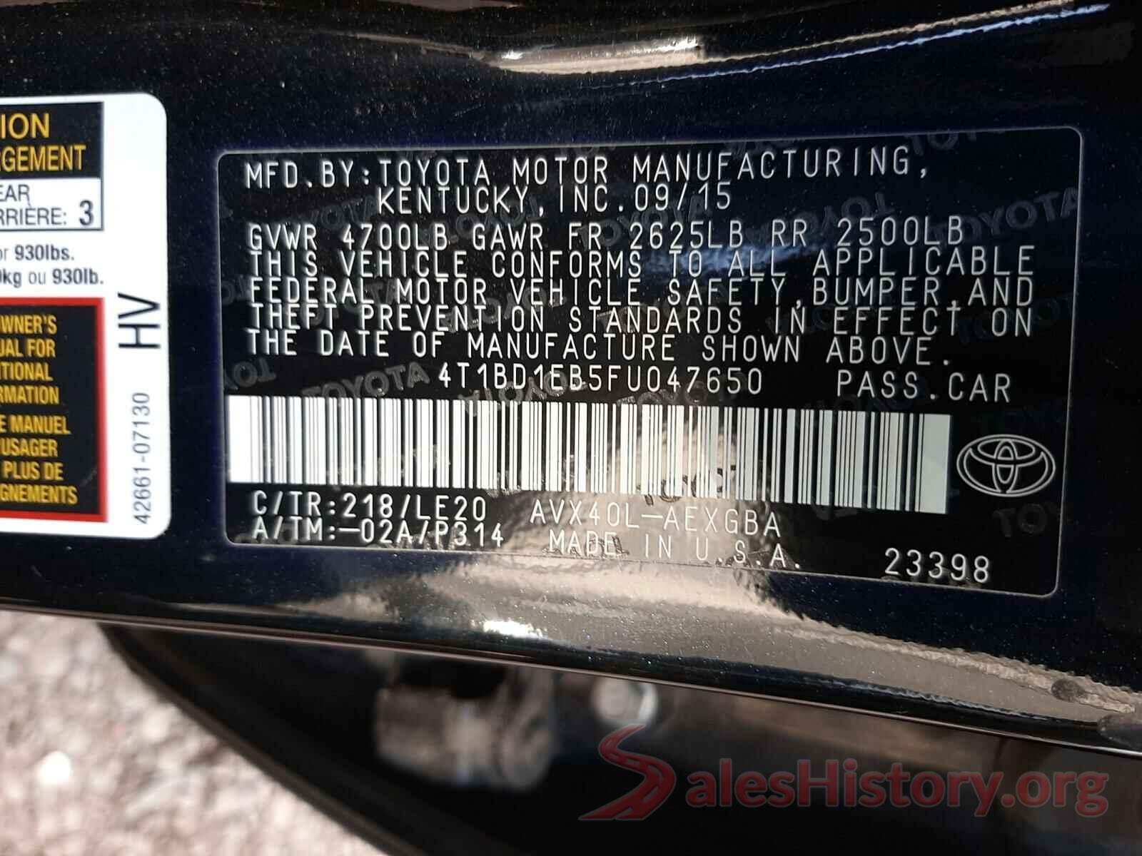 4T1BD1EB5FU047650 2015 TOYOTA AVALON