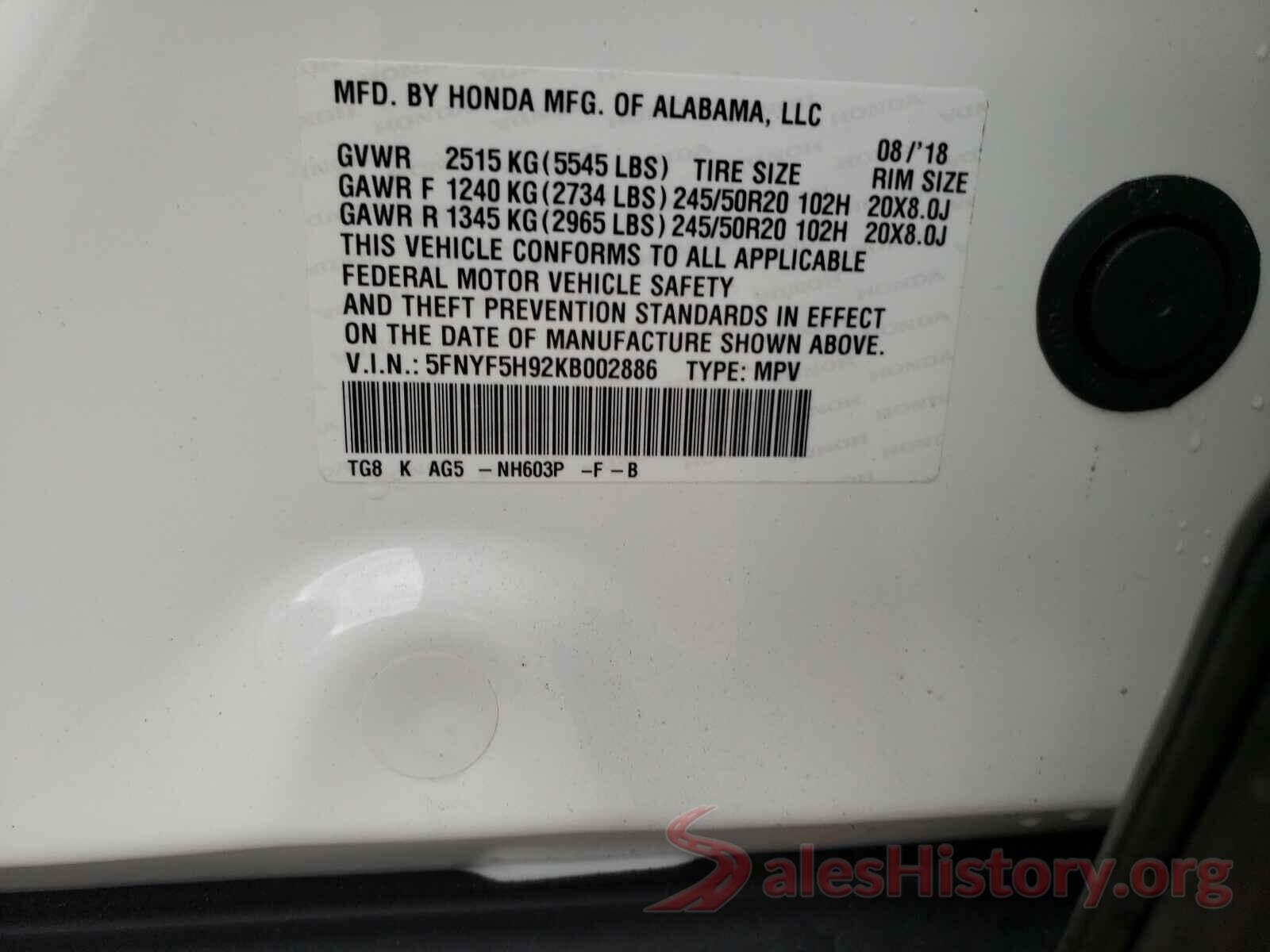 5FNYF5H92KB002886 2019 HONDA PILOT