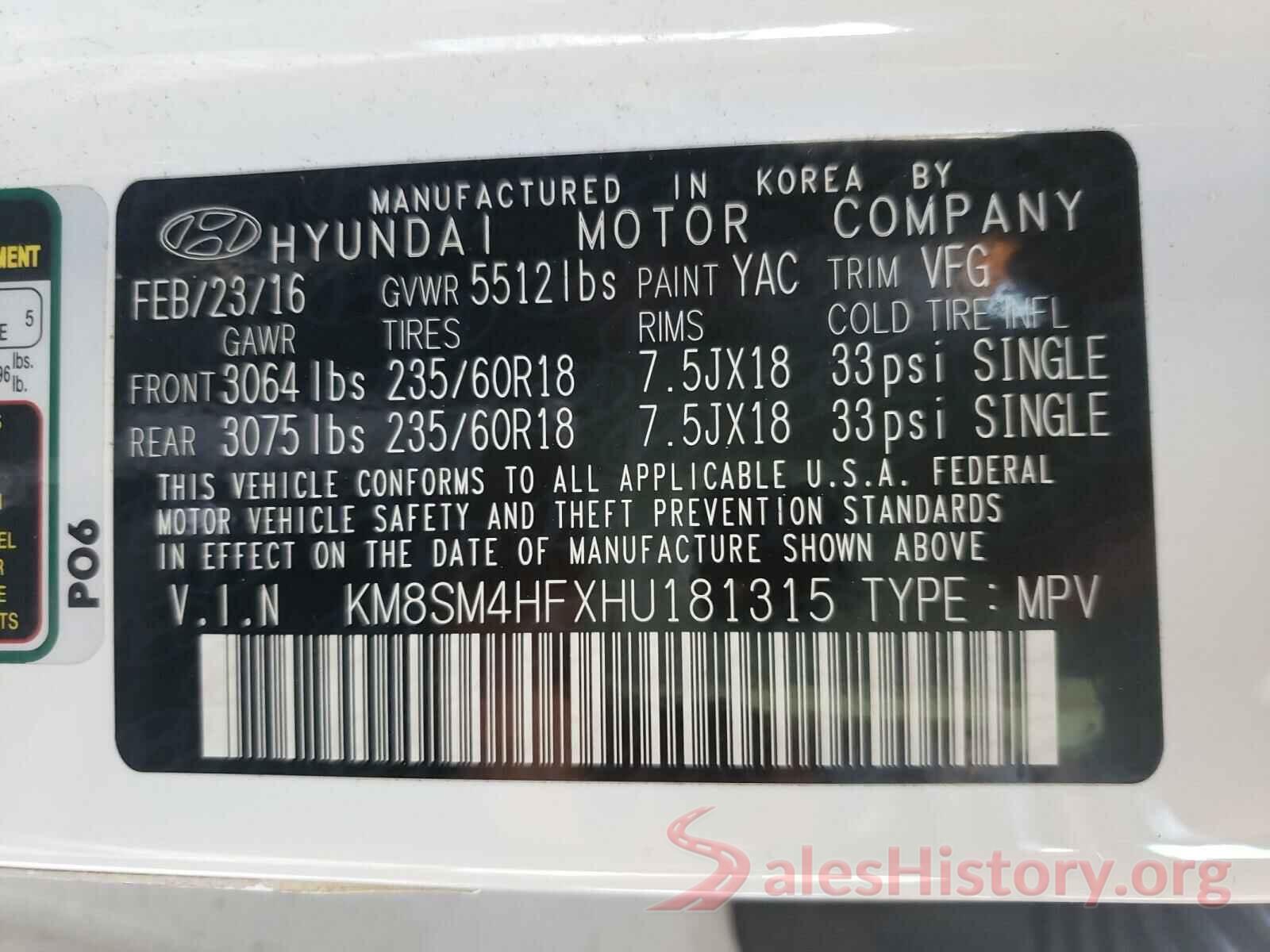 KM8SM4HFXHU181315 2017 HYUNDAI SANTA FE