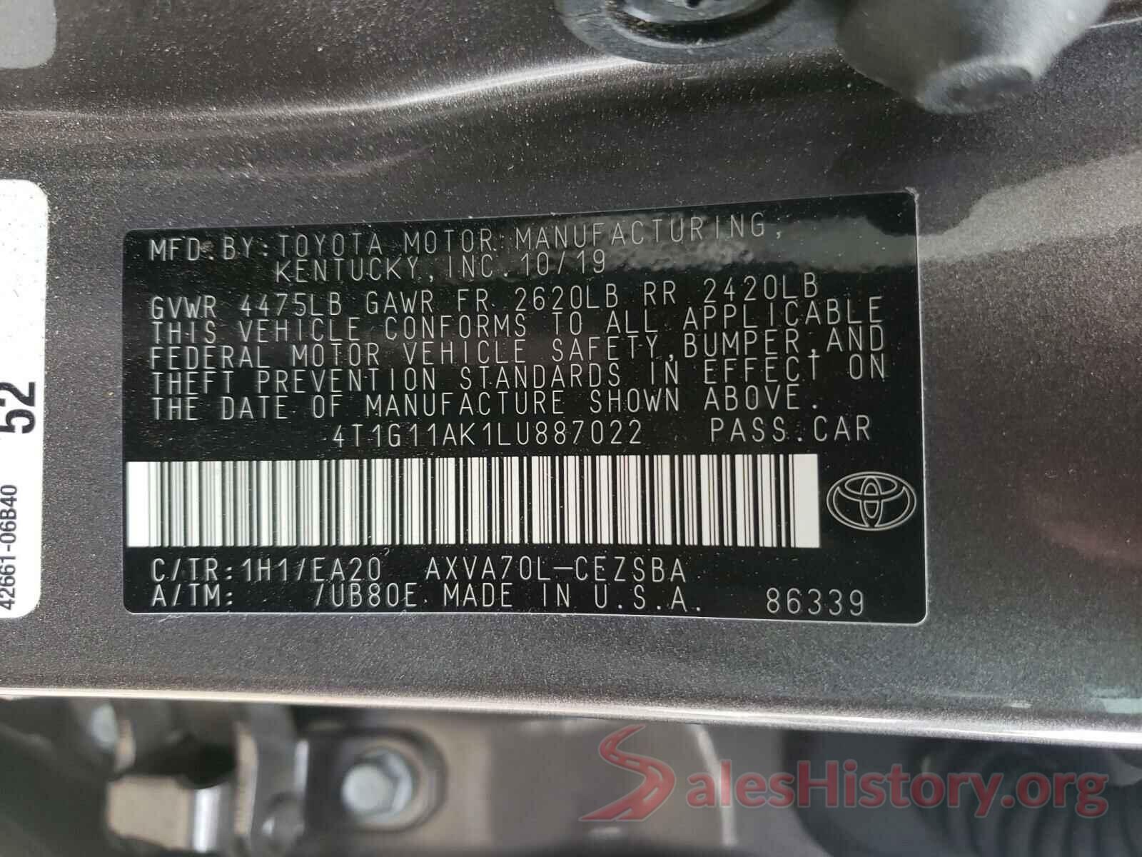 4T1G11AK1LU887022 2020 TOYOTA CAMRY