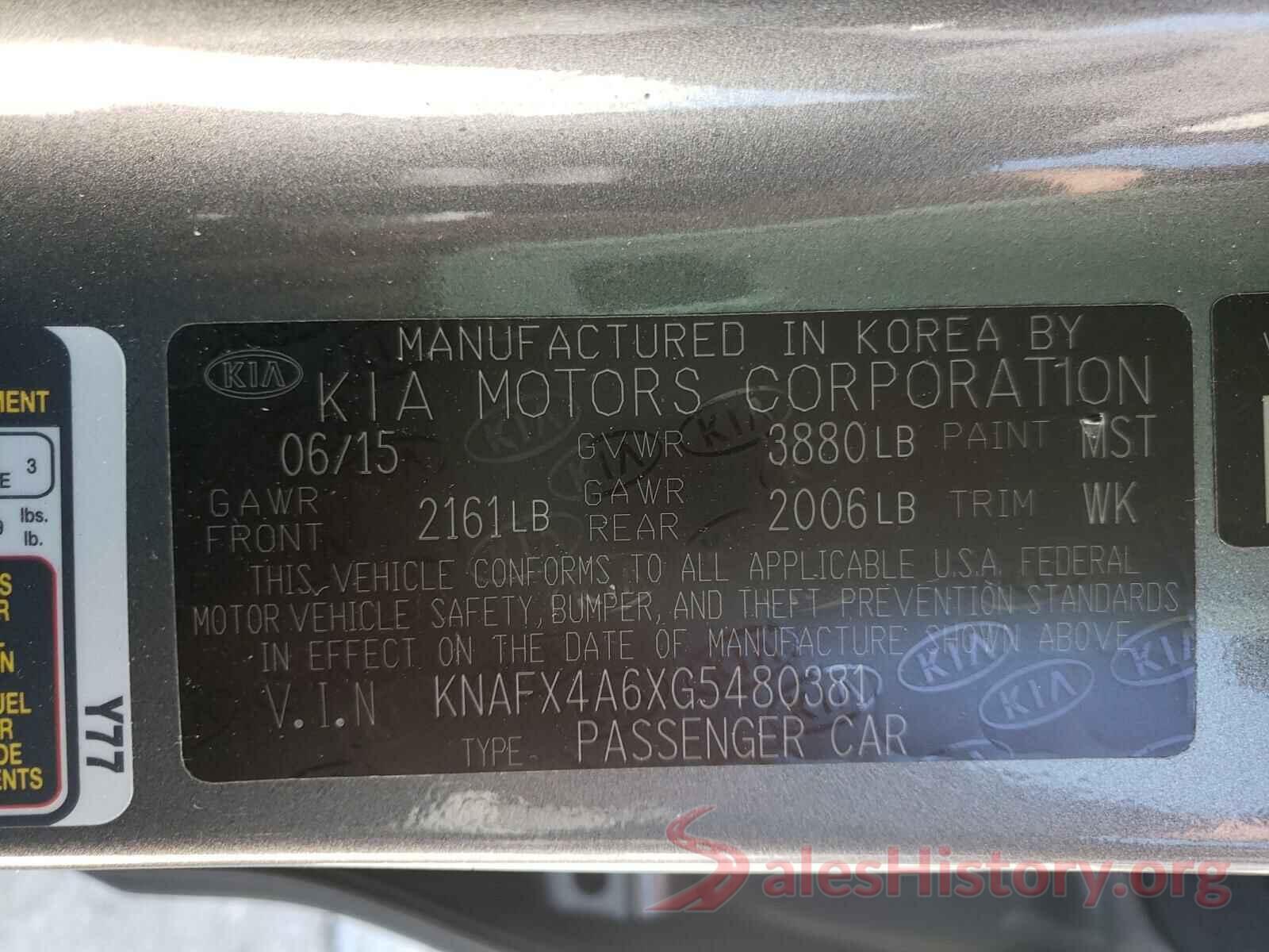 KNAFX4A6XG5480381 2016 KIA FORTE