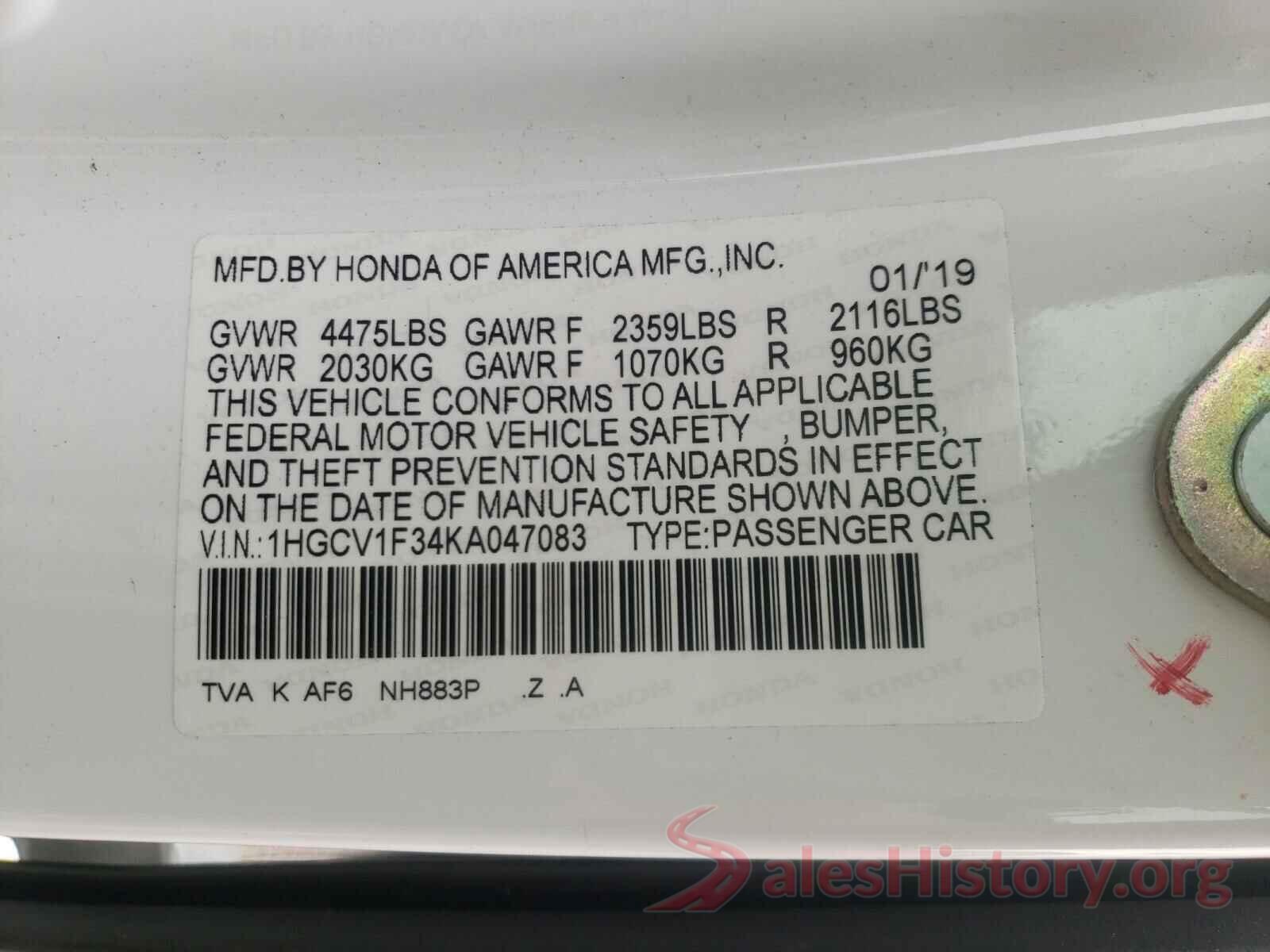 1HGCV1F34KA047083 2019 HONDA ACCORD