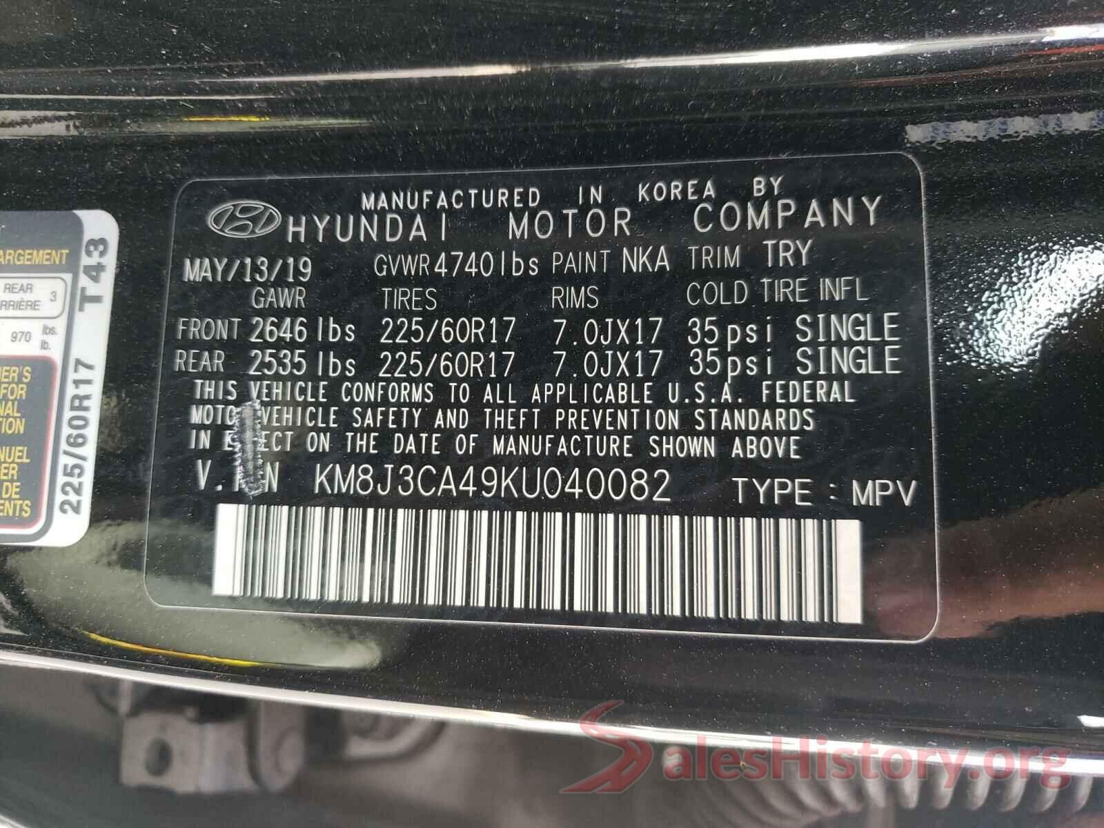 KM8J3CA49KU040082 2019 HYUNDAI TUCSON