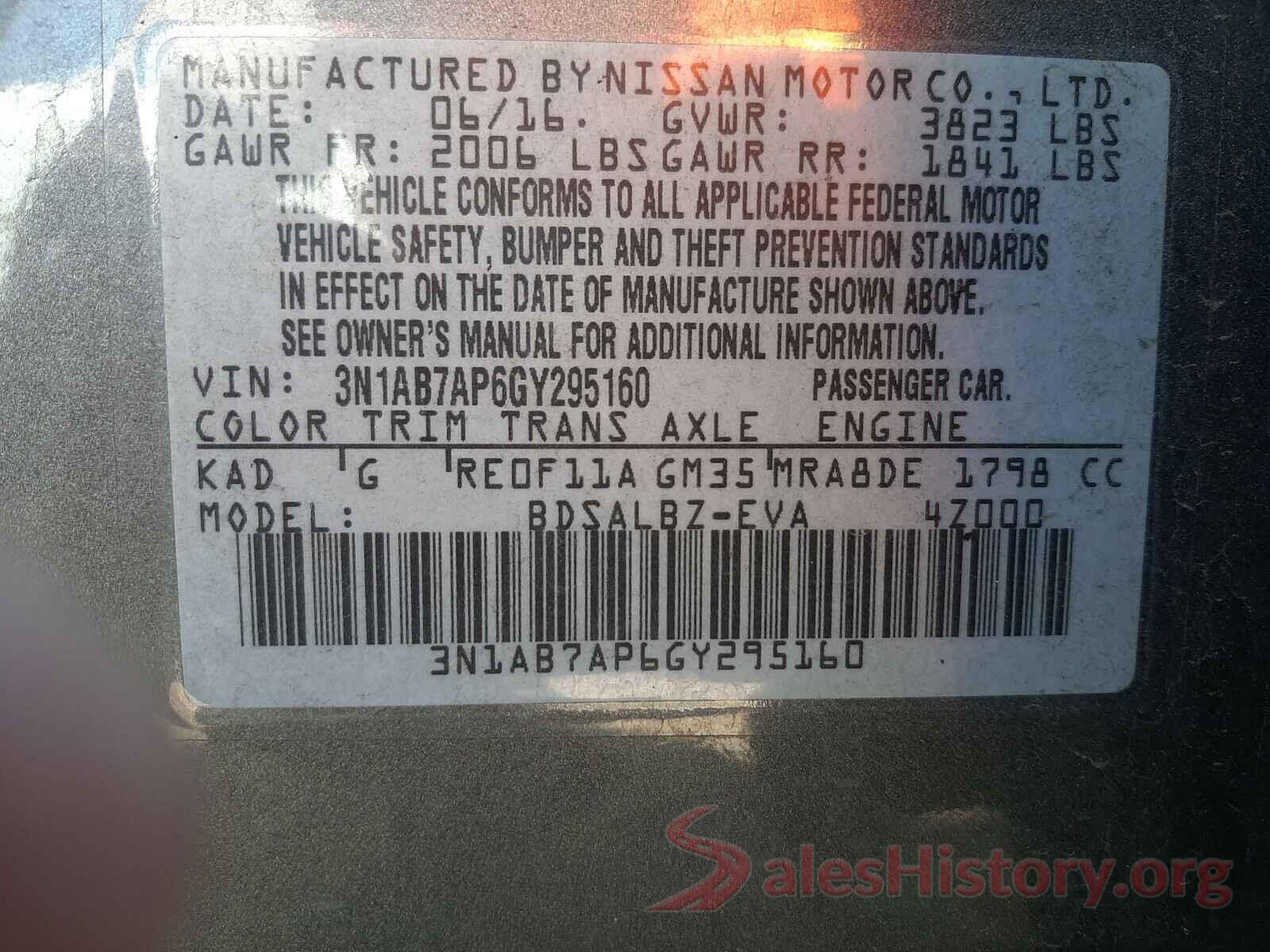 3N1AB7AP6GY295160 2016 NISSAN SENTRA