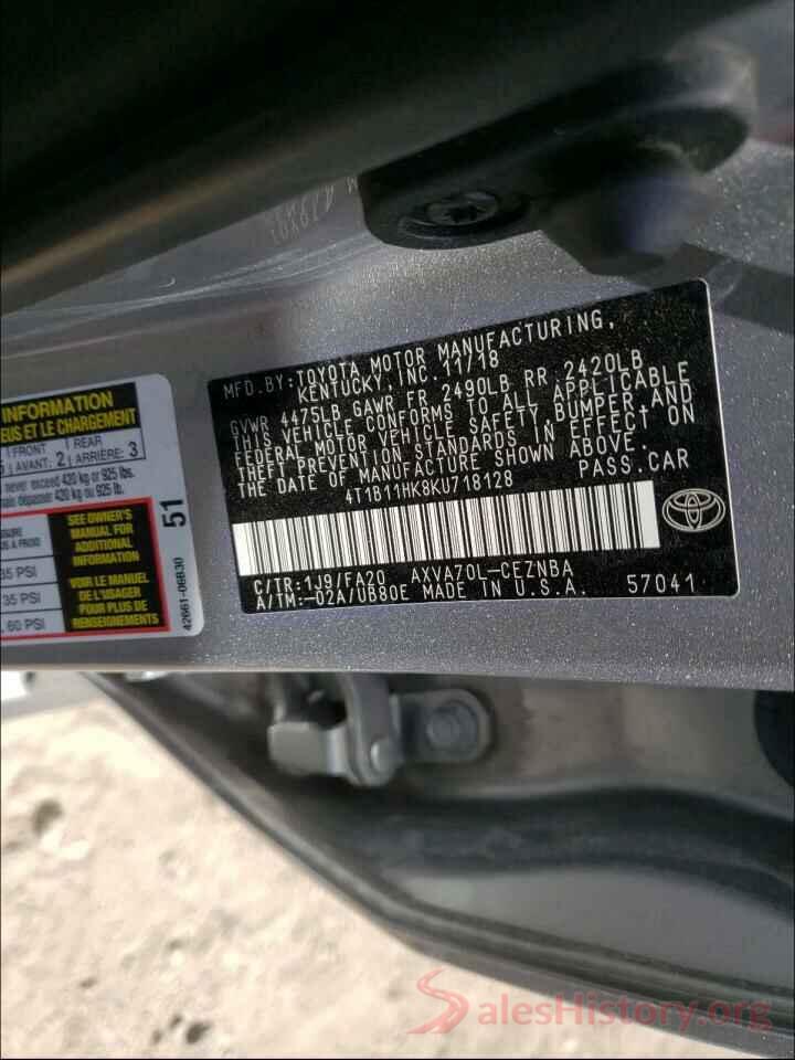 4T1B11HK8KU718128 2019 TOYOTA CAMRY