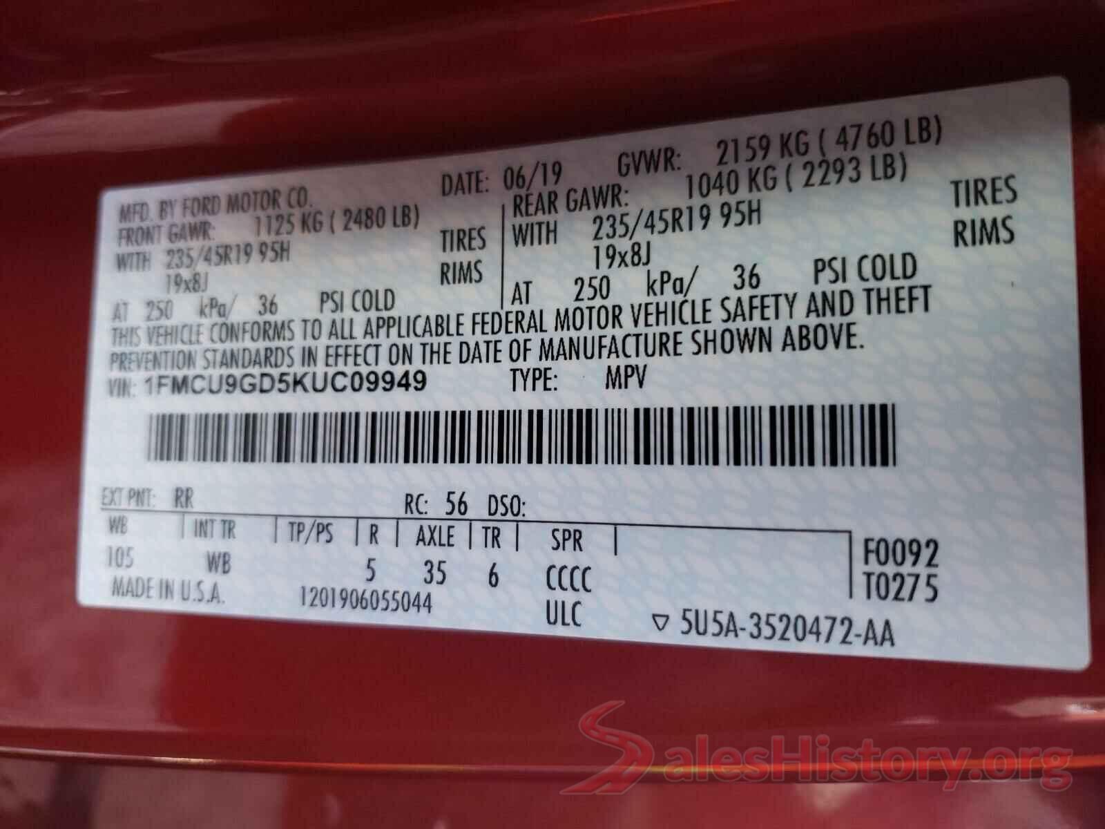 1FMCU9GD5KUC09949 2019 FORD ESCAPE