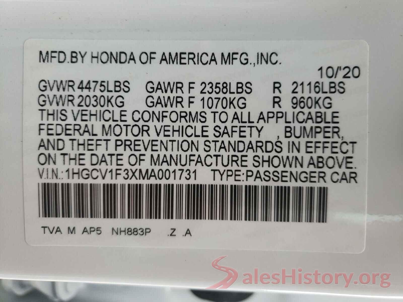 1HGCV1F3XMA001731 2021 HONDA ACCORD