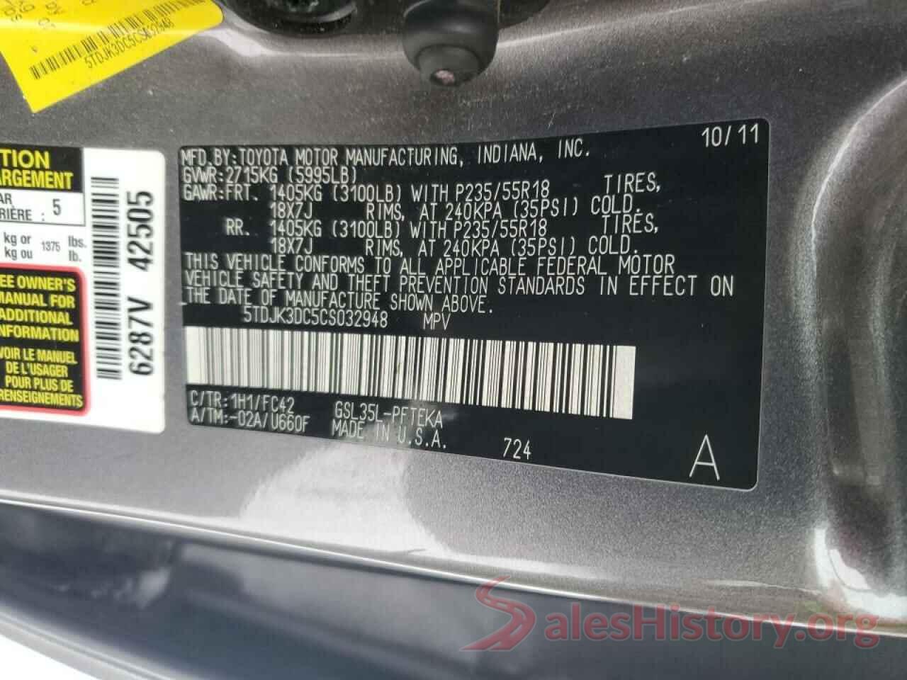 5TDJK3DC5CS032948 2012 TOYOTA SIENNA