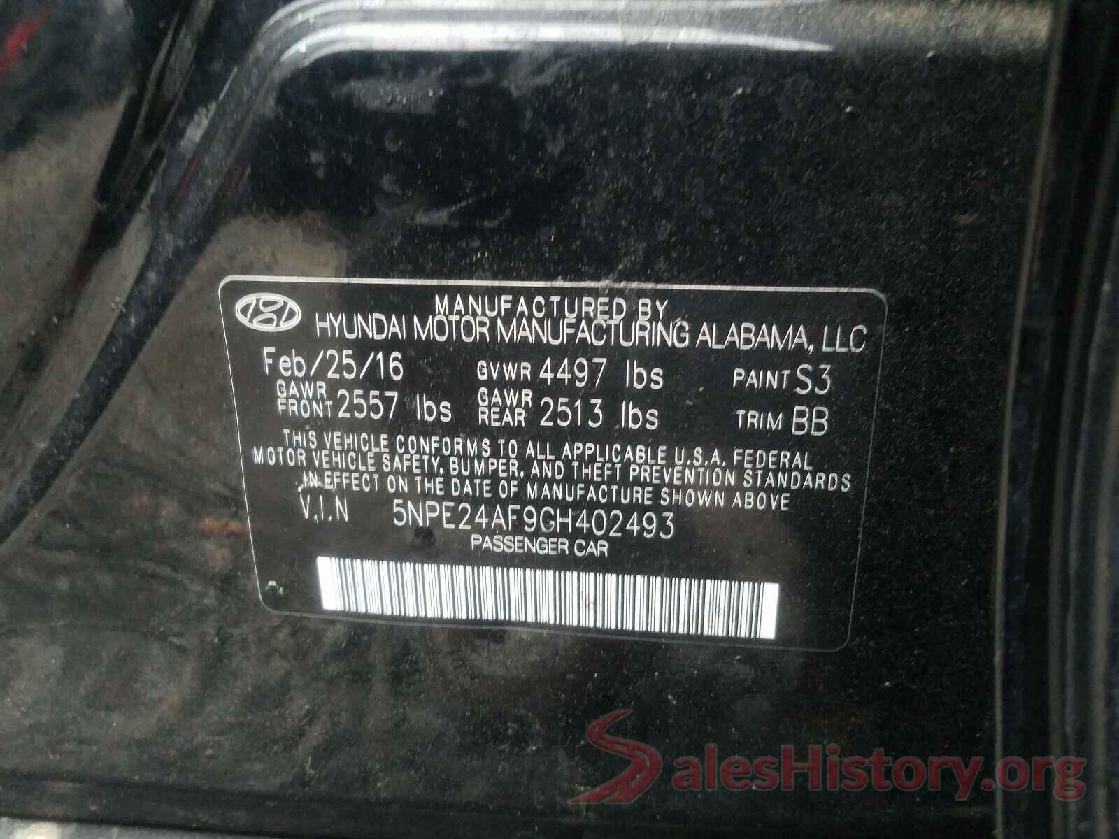 5NPE24AF9GH402493 2016 HYUNDAI SONATA