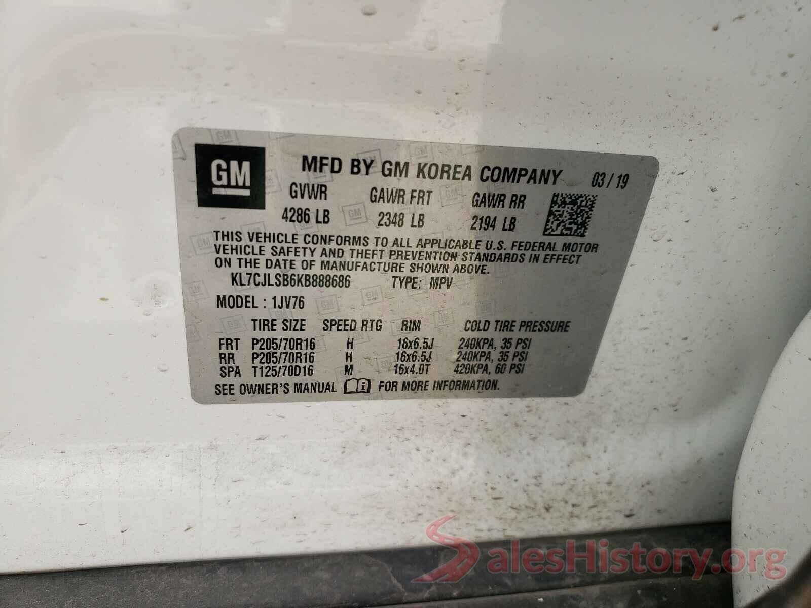 KL7CJLSB6KB888686 2019 CHEVROLET TRAX