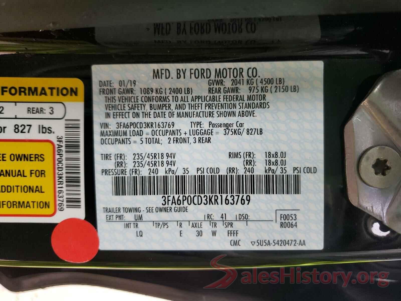 3FA6P0CD3KR163769 2019 FORD FUSION