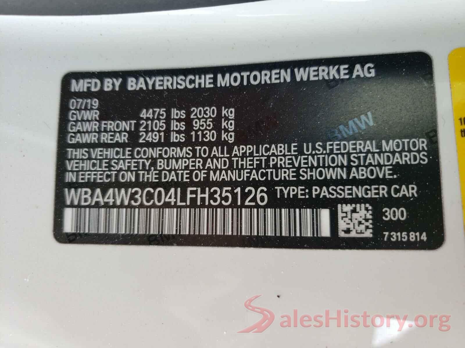 WBA4W3C04LFH35126 2020 BMW 4 SERIES