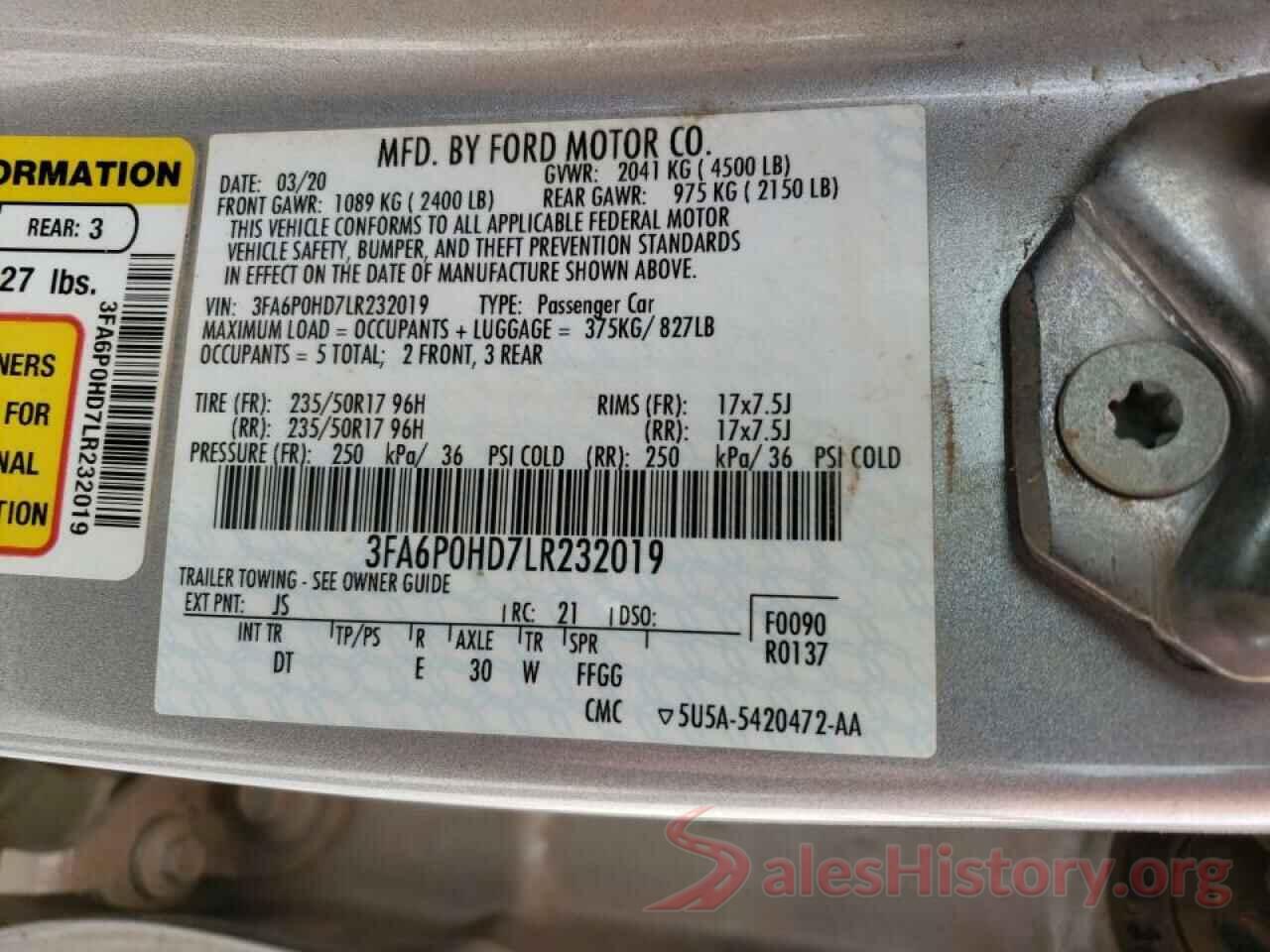 3FA6P0HD7LR232019 2020 FORD FUSION