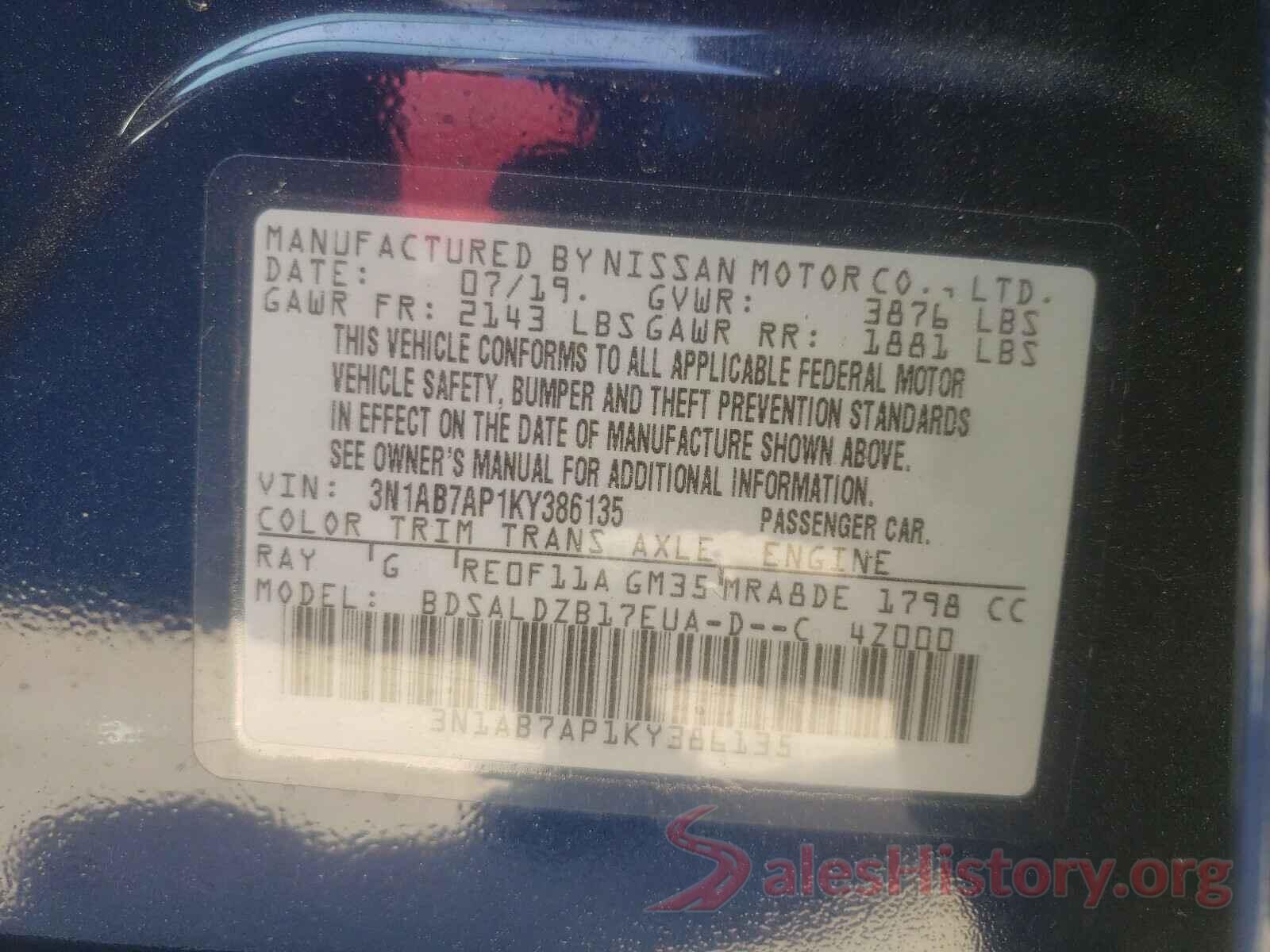 3N1AB7AP1KY386135 2019 NISSAN SENTRA