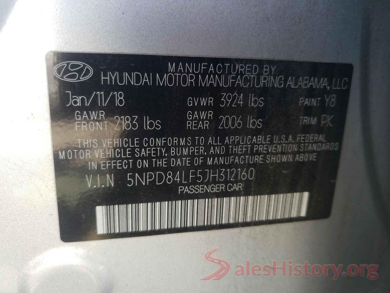 5NPD84LF5JH312160 2018 HYUNDAI ELANTRA