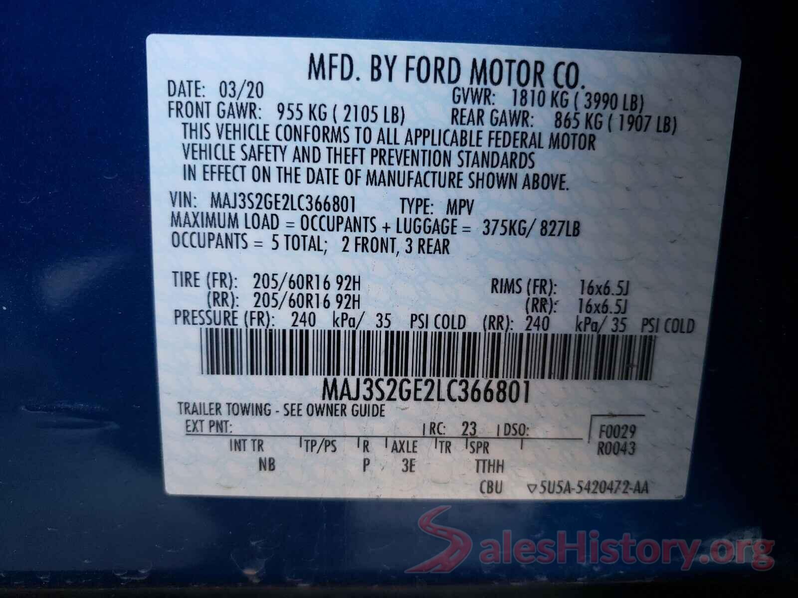 MAJ3S2GE2LC366801 2020 FORD ALL OTHER