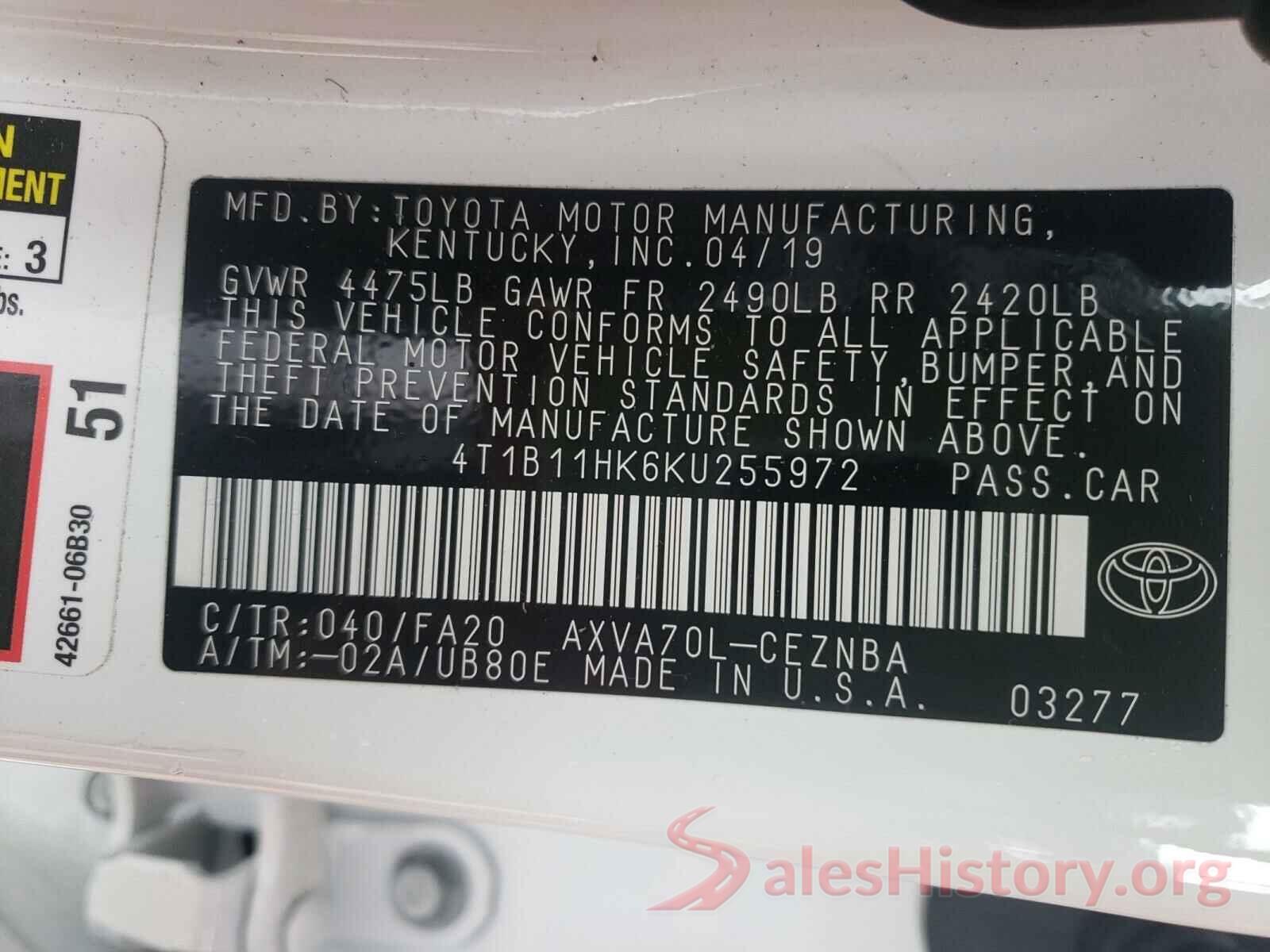 4T1B11HK6KU255972 2019 TOYOTA CAMRY