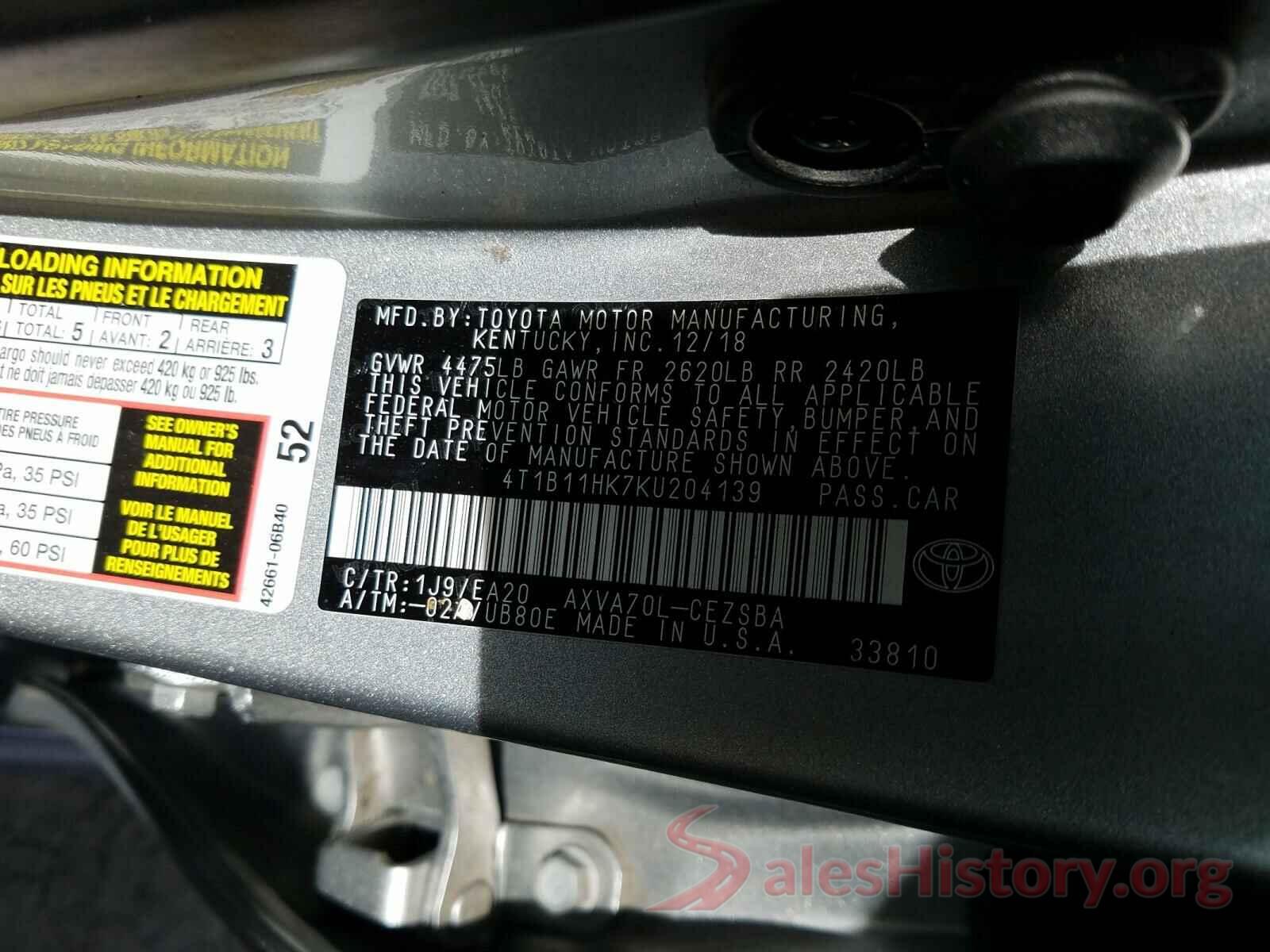 4T1B11HK7KU204139 2019 TOYOTA CAMRY