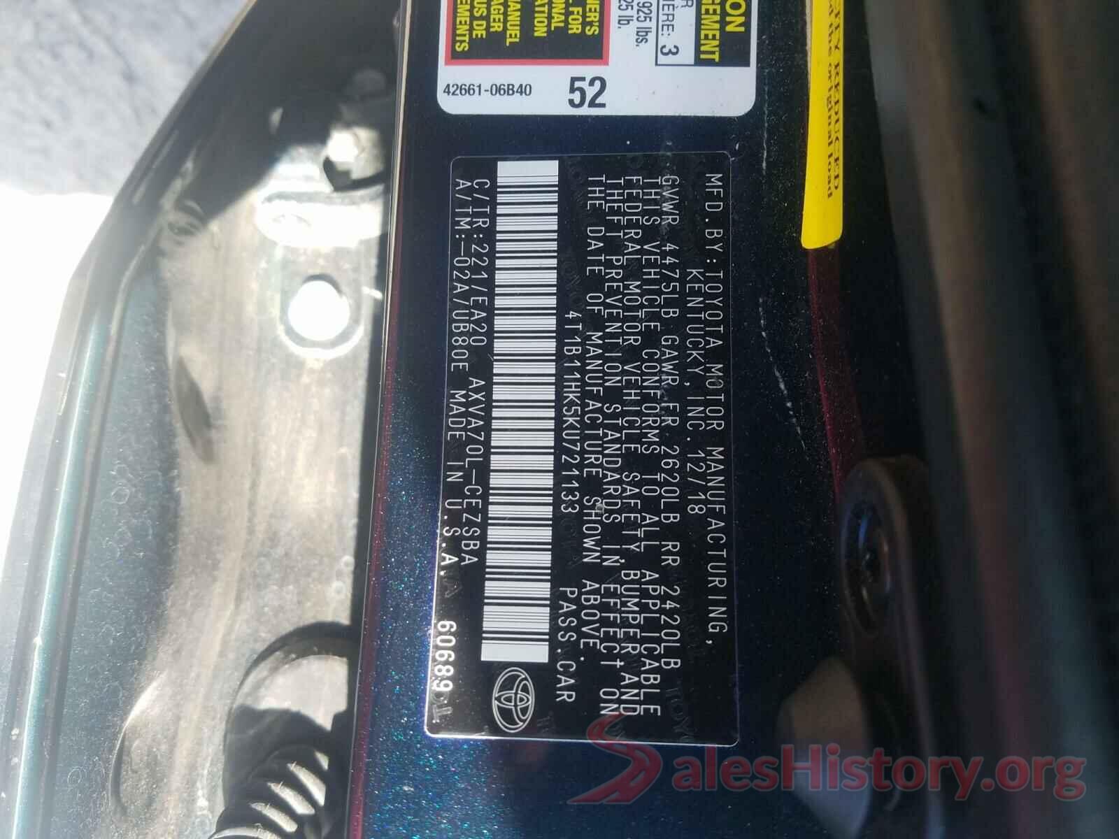 4T1B11HK5KU721133 2019 TOYOTA CAMRY