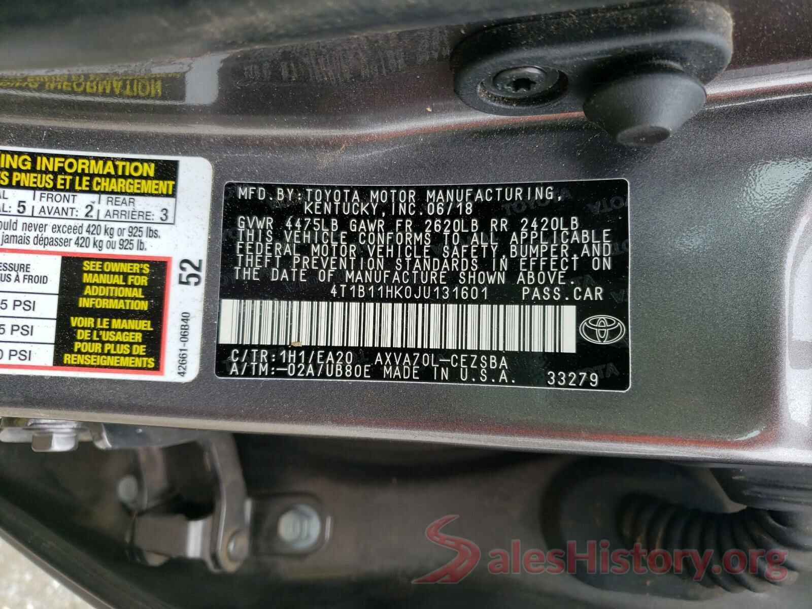 4T1B11HK0JU131601 2018 TOYOTA CAMRY