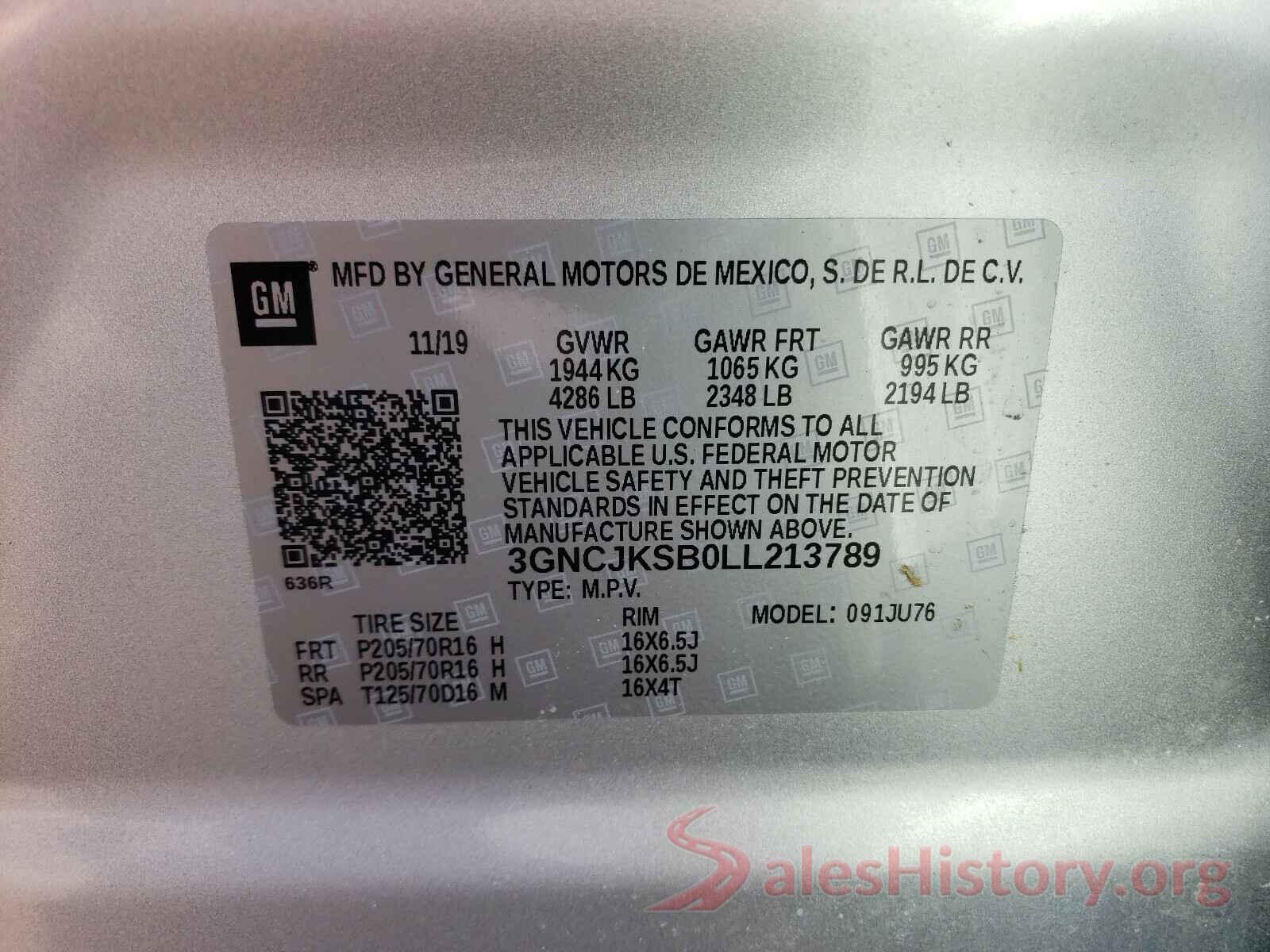 3GNCJKSB0LL213789 2020 CHEVROLET TRAX