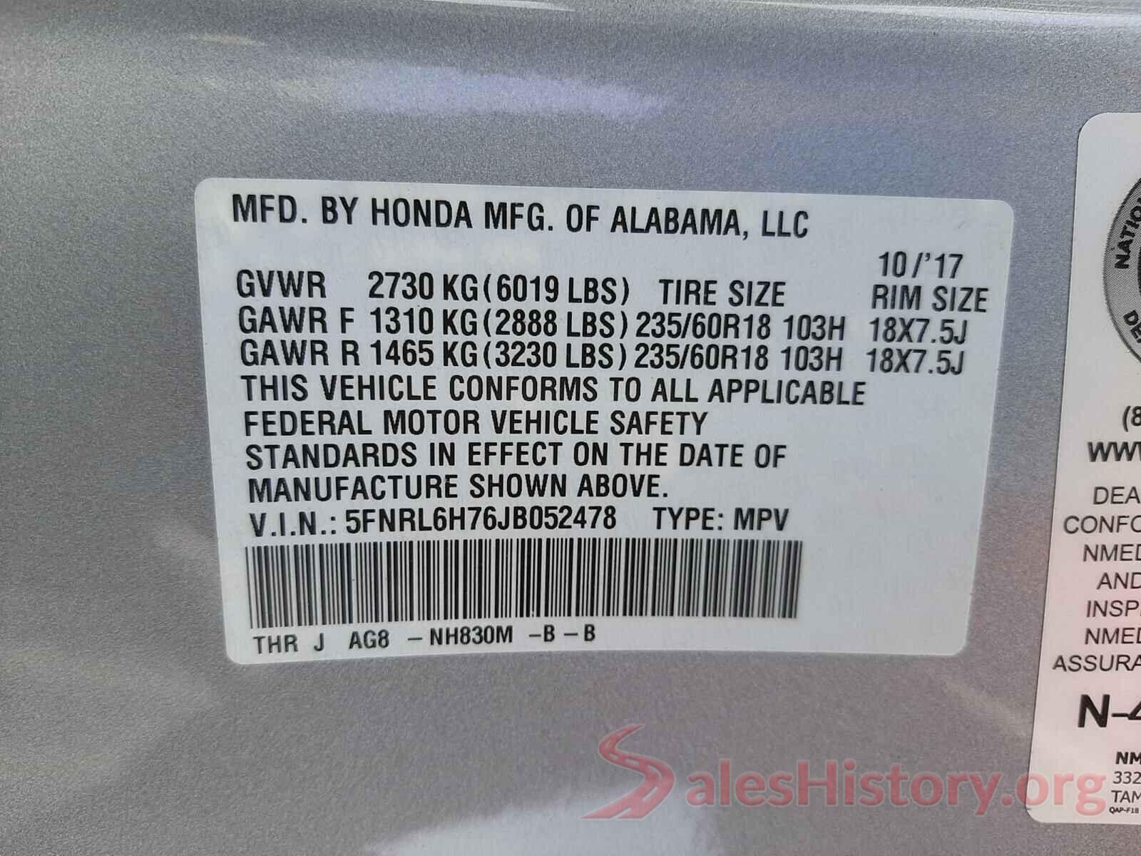 5FNRL6H76JB052478 2018 HONDA ODYSSEY