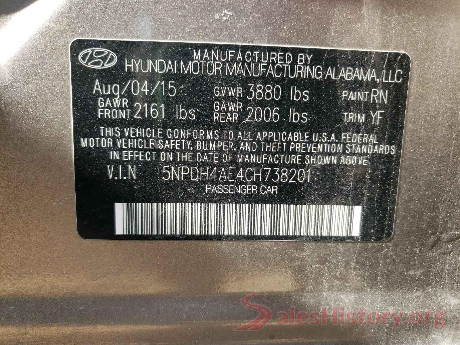 5NPDH4AE4GH738201 2016 HYUNDAI ELANTRA