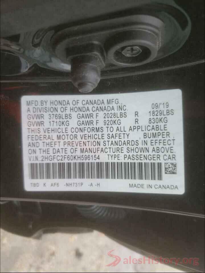 2HGFC2F60KH596154 2019 HONDA CIVIC