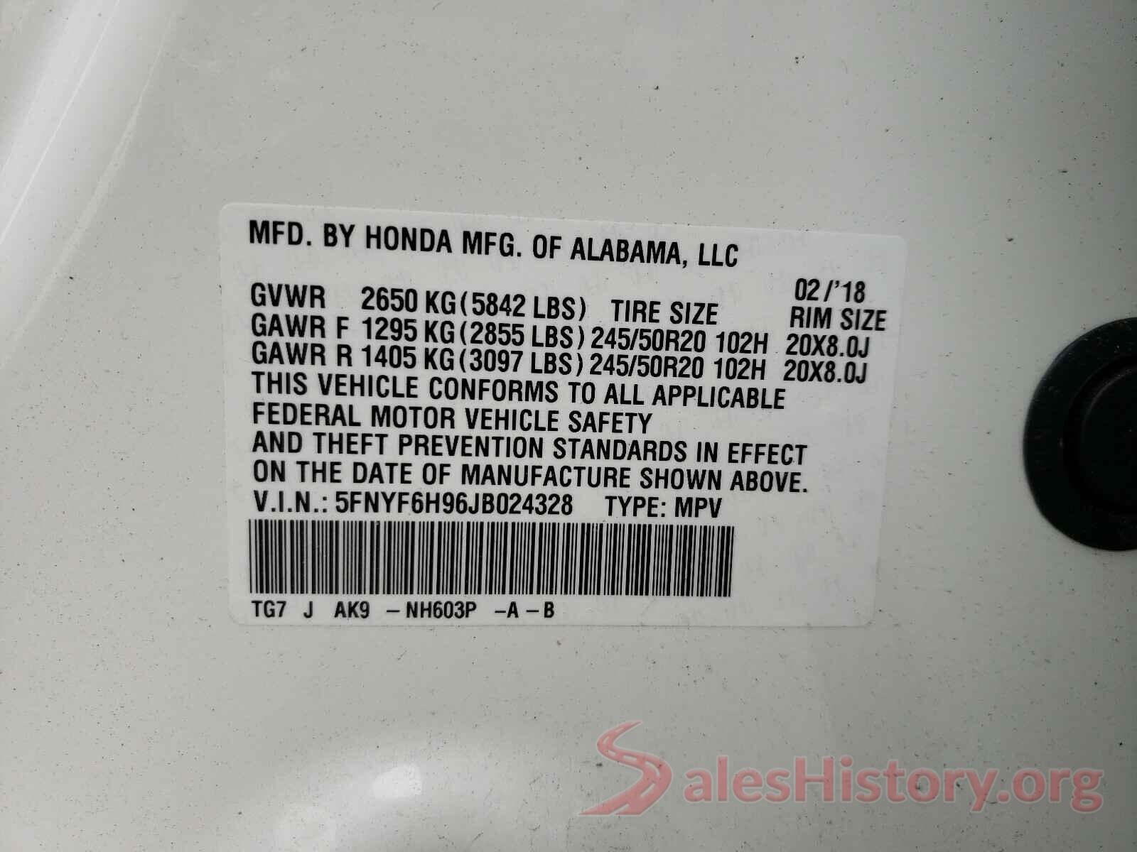 5FNYF6H96JB024328 2018 HONDA PILOT