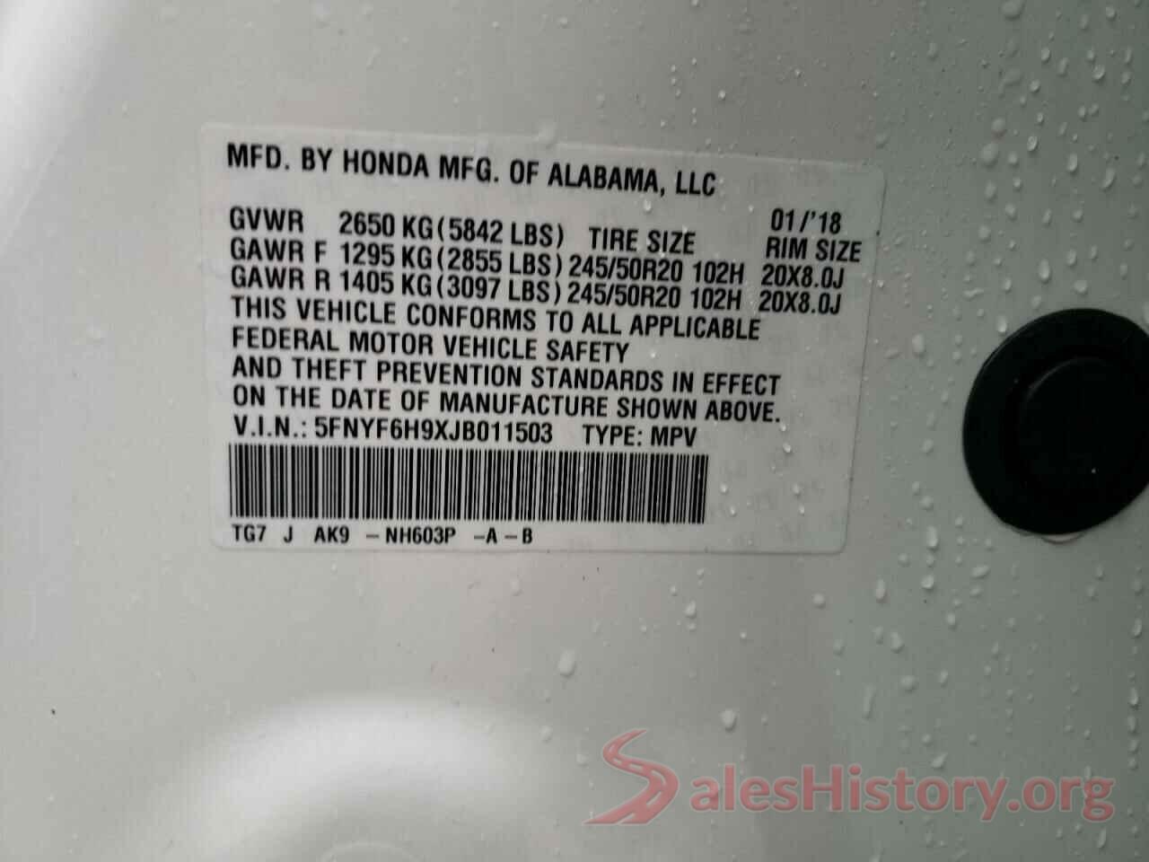 5FNYF6H9XJB011503 2018 HONDA PILOT