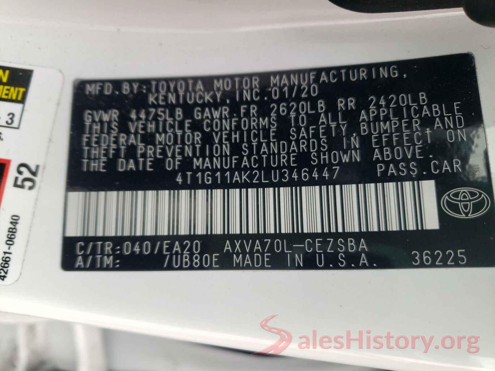 4T1G11AK2LU346447 2020 TOYOTA CAMRY