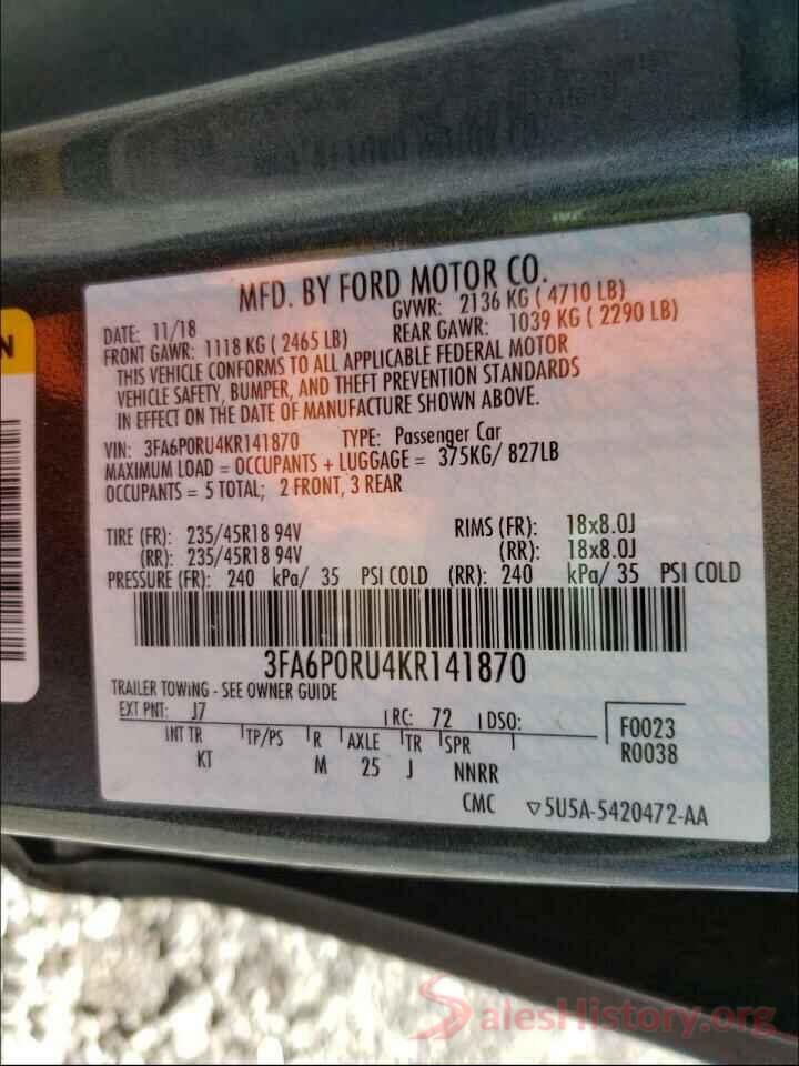 3FA6P0RU4KR141870 2019 FORD FUSION