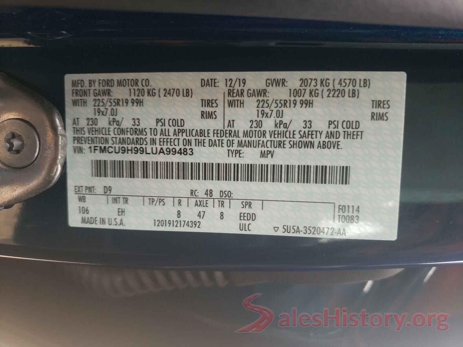 1FMCU9H99LUA99483 2020 FORD ESCAPE