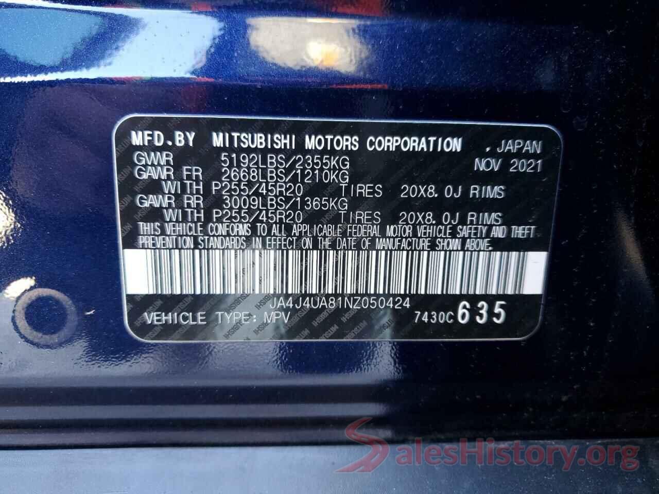 JA4J4UA81NZ050424 2022 MITSUBISHI OUTLANDER